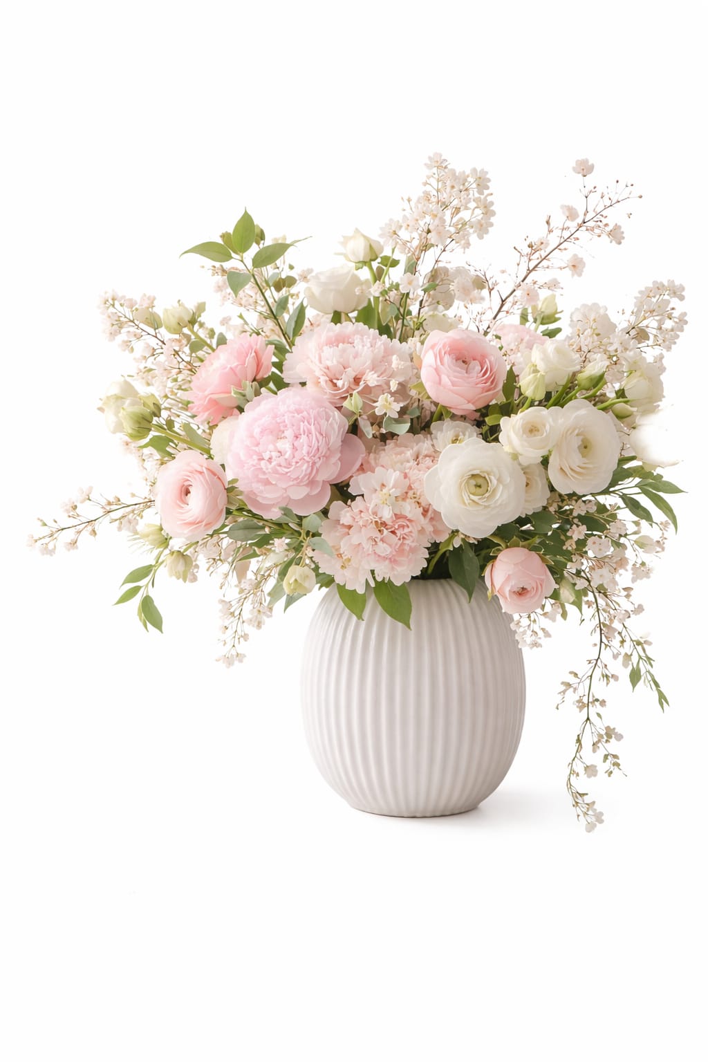Sweet and elegant arrangement  - This elegant beautiful arrangement made with pink peonies, pink and white ranunculus  white larkspur, white and filler , arrangement in a beautiful white container.