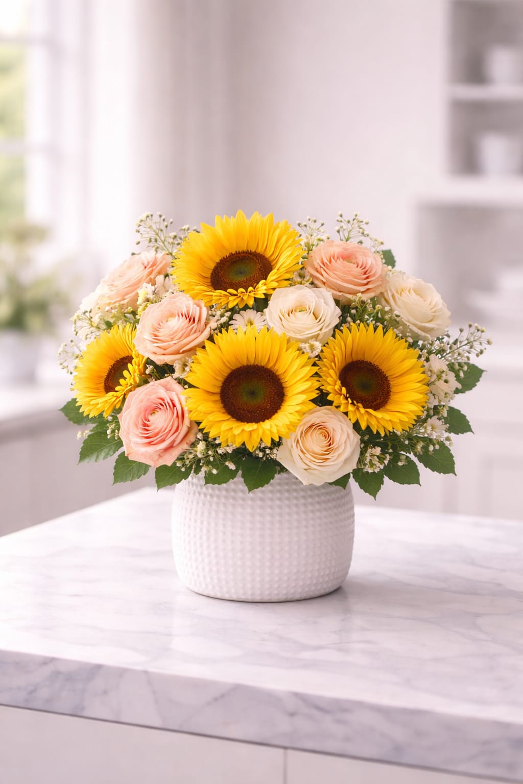 sunflower and pink roses arrangement  - This arrangement simply just sunflower and pink roses arrangement the container or wooden box , it looks very beautiful 