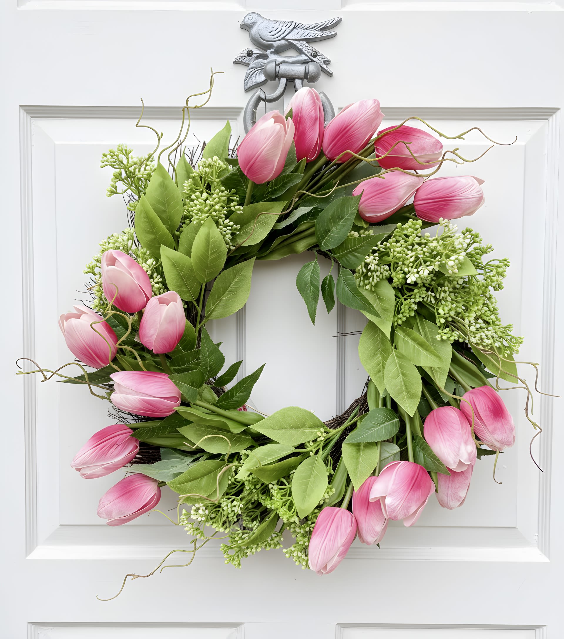 Spring Tulip Wreath  - A 22” faux flower wreath made with tulips and greenery. Perfect for indoor or outdoor use! 