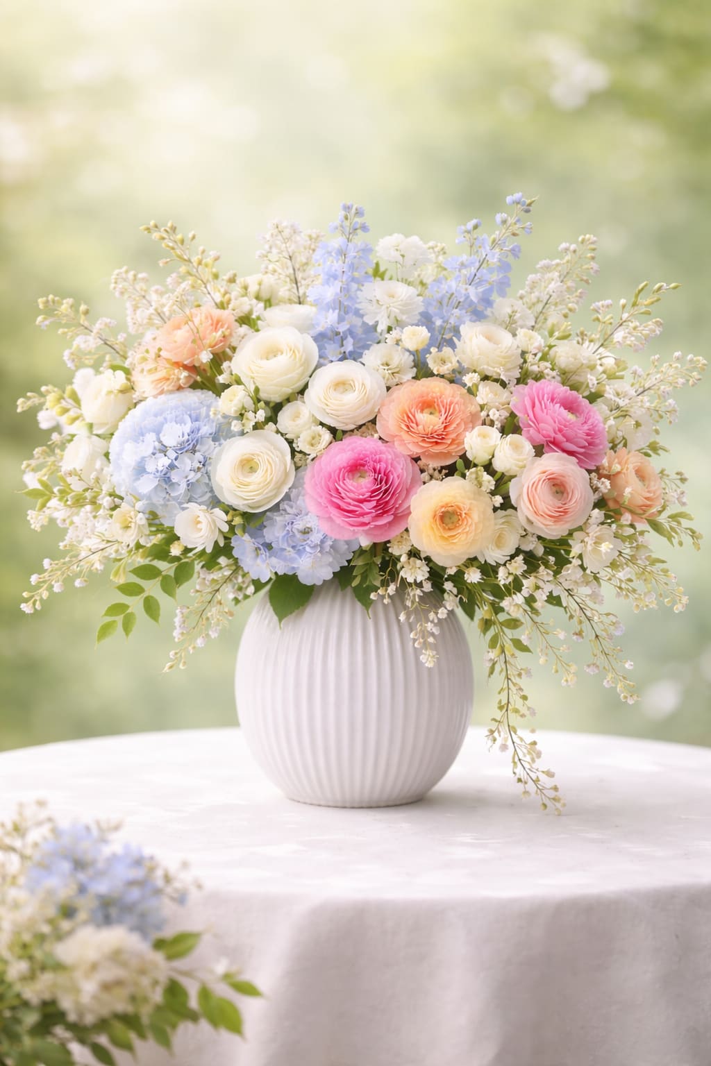 My Elegant Garden - This beautiful and elegant arrangement, made with Hydrangea, ranunculus, Stuck, white dendrobium, spray roses and light blue Delphinium , arrangement in a designer choice vase .  