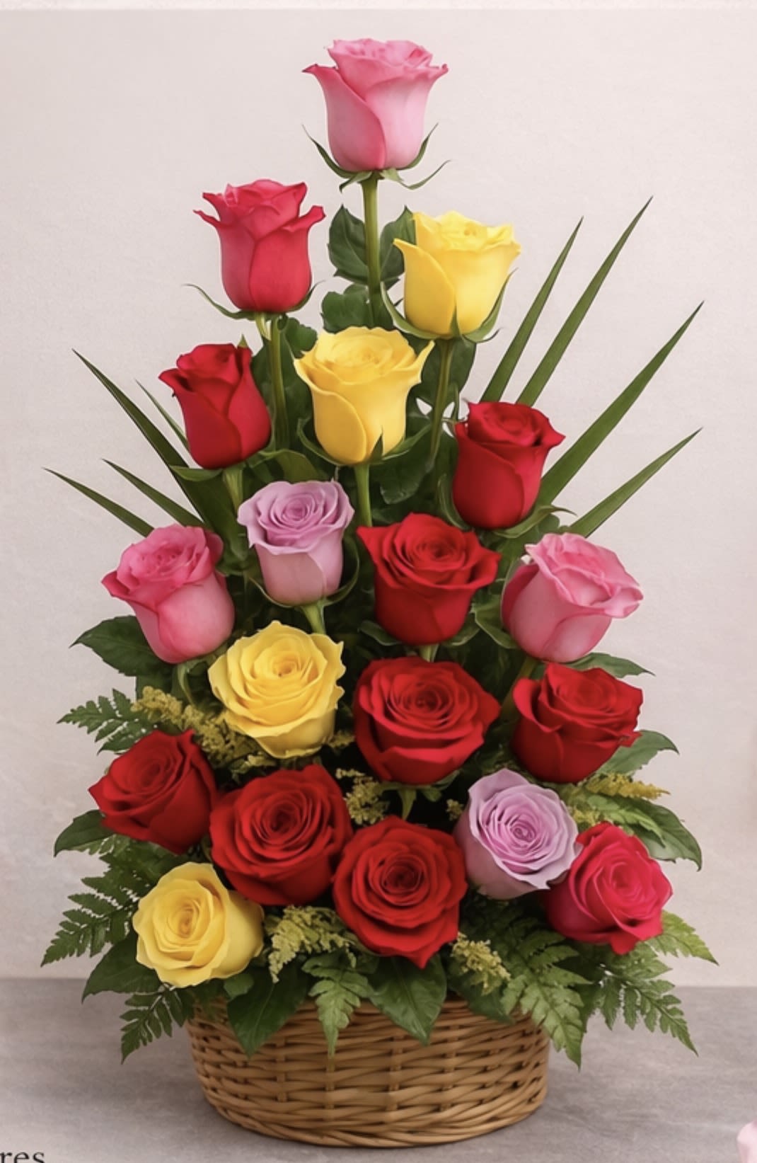 Enchanted Rose Medley - This eye-catching piece features a vibrant mix of fresh red, pink, yellow, and lavender roses, artfully arranged in a tiered, pyramid-style design for added height and elegance. Lush green foliage and delicate accent fillers provide the perfect contrast, enhancing the richness of each bloom.