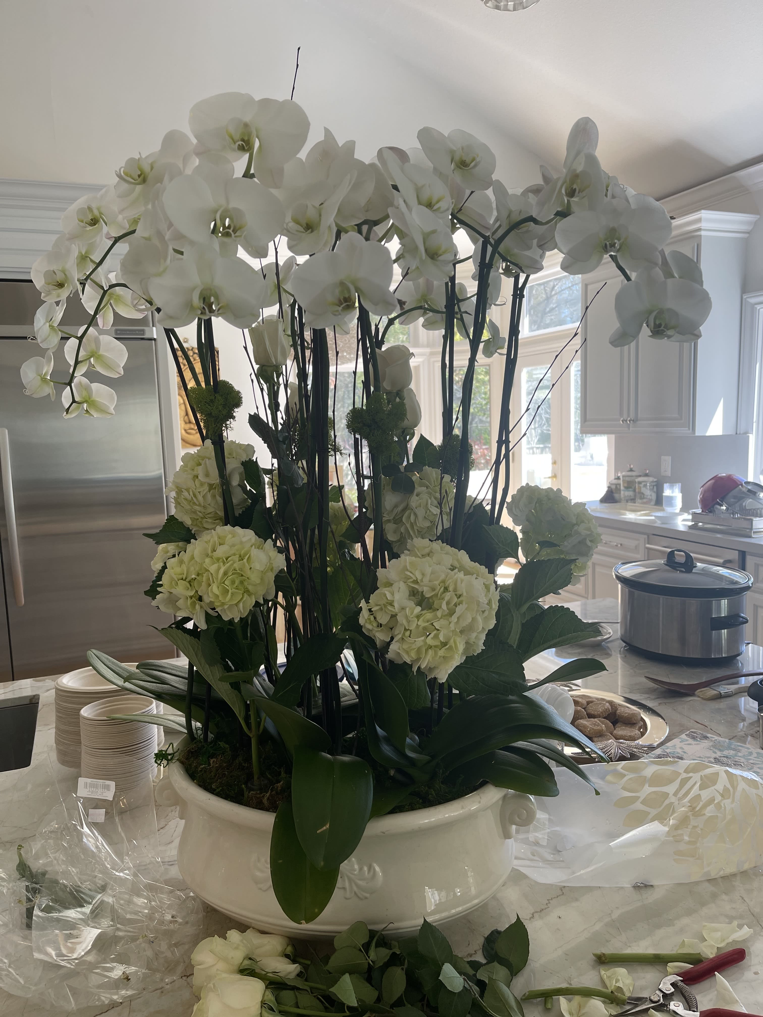 Tall white orchid and hydrangea planter in a white ceramic bowl on a kitchen counter