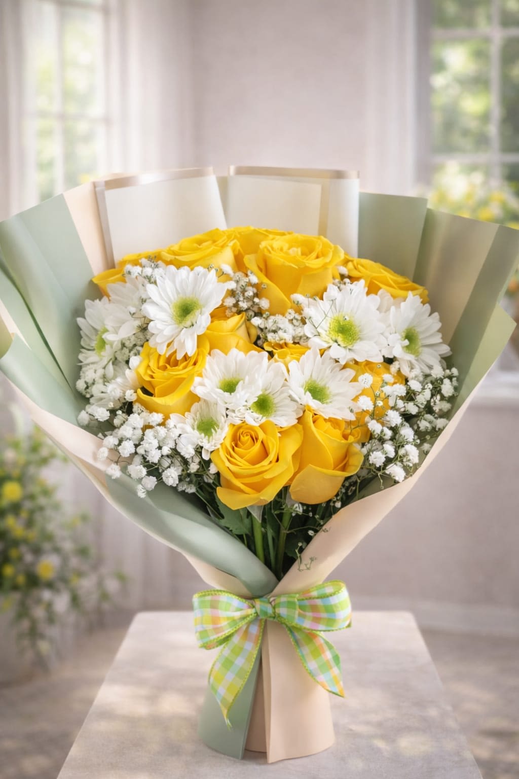 Golden Grace Bouquet - Sunlit yellow roses gathered with white daisy-style blooms make this flower arrangement a bright, cheerful pick-me-up - ideal as a birthday bouquet, a Mother's Day surprise, or a "thinking of you" gift that instantly lifts the room. The Golden Grace Bouquet reads as warm and optimistic, the kind of arrangement that makes the person you're thinking of feel seen, celebrated, and genuinely cheered.  Hand-tied for a relaxed, modern look, the bouquet pairs clustered yellow roses with delicate sprays of small white filler flowers and fresh daisy accents in a palette of yellow, white, green, and soft peach. Layers of cream and sage-green wrapping paper fan out behind the blooms, and a pastel green-and-yellow plaid ribbon bow finishes the base for a playful, casual touch that suits occasions from get-well wishes and new-baby congratulations to anniversaries, graduations, or a heartfelt "I'm sorry."  Perfect for gifting just because or for more formal thanks and celebrations, this arrangement arrives ready to display in a vase; its light, sunny colors work year-round while feeling especially fitting for Mother's Day and springtime moments. Choose this bouquet when you want to brighten someone's day with an easygoing, joyful expression of care.