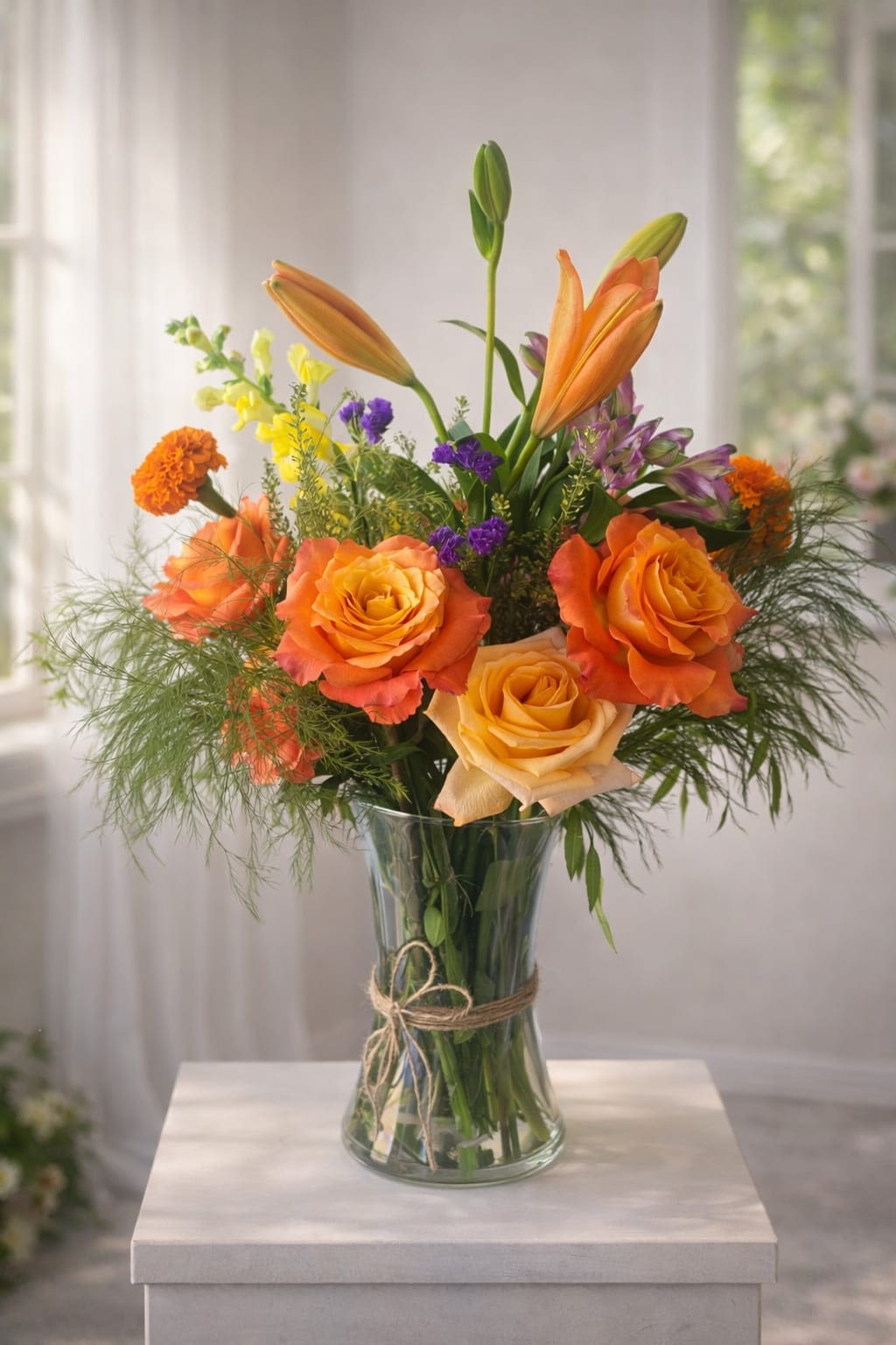 Autumn Radiance Vase - Sunlit orange and yellow roses take center stage in this Autumn Radiance vase arrangement, a cheerful flower arrangement perfect for birthdays, Thanksgiving, or a bright Father's Day surprise. Tall orange lilies and yellow snapdragons rise behind the roses to give dynamic height, while vivid orange marigolds and small purple accents create lively contrast-an arrangement that reads both festive for Halloween tables and warm enough for a heartfelt thank-you or thinking-of-you gift.  The bouquet is gathered in a clear hourglass glass vase tied with a simple twine bow for a casual, homey look that suits graduation parties, prom corsage accompaniment, or a get-well pick-me-up. Colors range from deep orange and peach to sunny yellow and a touch of green foliage with purple flecks for depth. The airy composition keeps the display from feeling dense, letting each lily and rose breathe and show off their texture.  Ideal for saying thanks, congratulations, or "just because," this arrangement makes the recipient feel noticed and celebrated-whether it's for a quinceañera centerpiece, a table accent at Thanksgiving, or a cheerful surprise to lift spirits. Vase dimensions and flower count are reflected in the generous, vase-ready presentation; simple care-fresh water every few days and a cool spot away from direct sun-will extend its lively color.