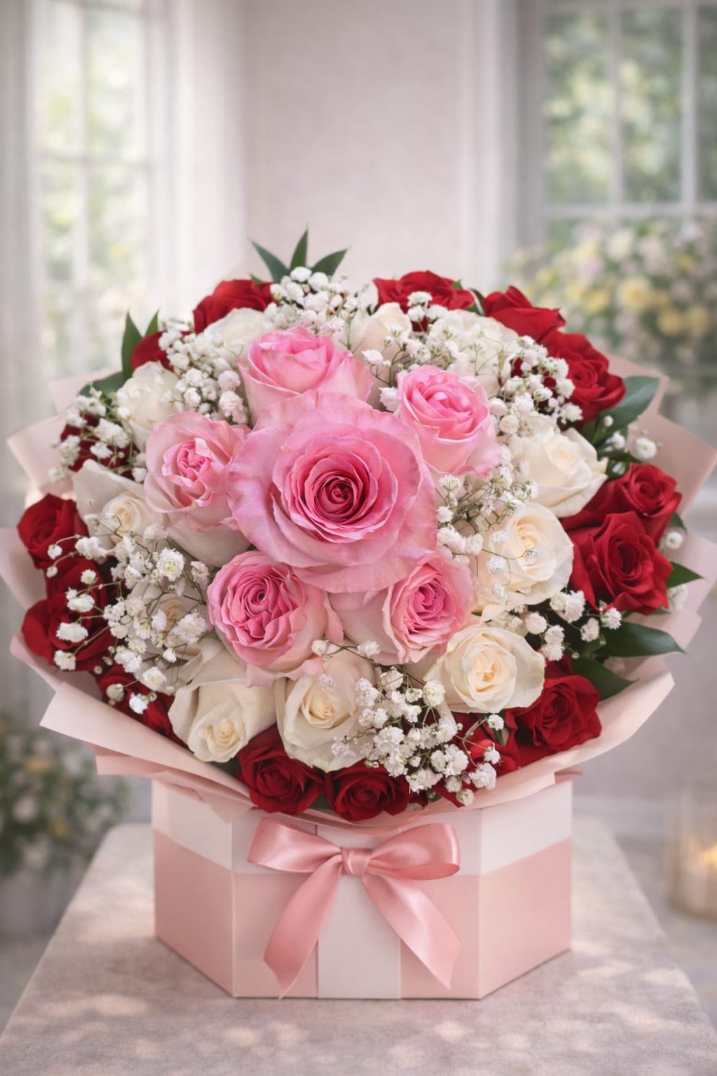 Timeless Love Rose Box - A lush dome of roses in soft pink, creamy white, and deep red creates a tender, romantic statement-perfect as an anniversary roses gift or a Valentine's Day bouquet to make the person you love feel cherished. The tightly gathered round shape reads full and luxurious, with airy clusters of baby's breath adding a delicate, vintage touch that softens the palette and heightens the sentiment.  Arranged inside a pink-and-white hat-style gift box and tied with a matching pink satin ribbon, this flower arrangement arrives ready to present-no extra wrapping needed. Expect a compact, rounded profile that sits neatly on a table or bedside; the mix of pink, white, and red roses conveys affection and devotion while the baby's breath adds texture and lightness.  Choose this arrangement when you want to celebrate a romantic milestone, say "I'm thinking of you," or make someone feel truly seen; it's the kind of gift that looks thoughtful the moment they open it. For best results, keep the roses in fresh water if you transfer them from the box and avoid direct heat or sunlight to extend vase life.