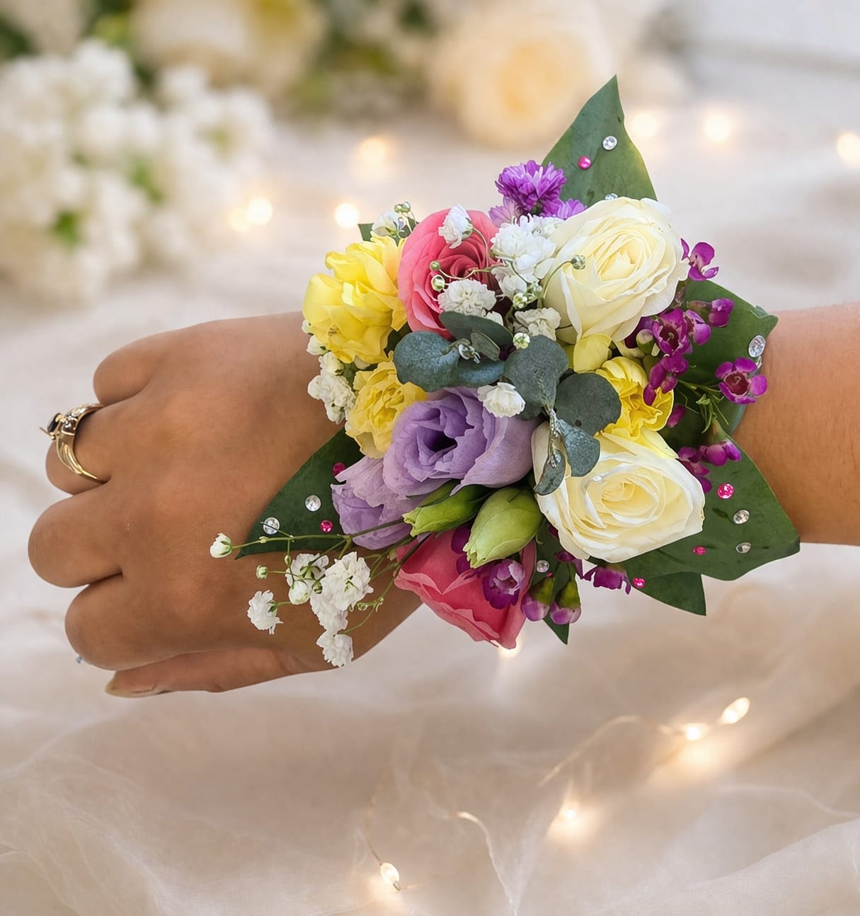 Blossom Elegance Wrist Corsage - A compact, romantic wrist corsage designed for weddings and other formal celebrations, this Blossom Elegance Wrist Corsage arranges mixed-color blooms into a wearable keepsake your person will be proud to wear. The design reads soft and celebratory-perfect for bridesmaids, mothers of the couple, prom dates, or quinceañera honorees-and sends a clear message of affection and refinement that makes the wearer feel noticed and cherished.  Closely clustered white and pink roses pair with soft lavender lisianthus and small yellow and purple filler flowers to create a full, rounded silhouette that sits comfortably on the wrist. Tiny white sprigs add delicate texture at the edges while a green floral backing keeps the composition neat and natural. Decorative rhinestones are scattered across the backing for subtle sparkle, and the arrangement is secured to an adjustable wrist corsage band for easy, comfortable wear.  This corsage is ideal for coordinating with pastel wedding palettes, prom gowns, or traditional quinceañera dresses and reads as both festive and intimate on the recipient. Order with confidence for single corsages or multiple pieces for a bridal party; handle gently, keep cool, and avoid direct sunlight to preserve blooms until the moment they're worn.