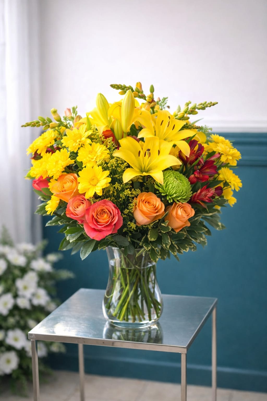 Golden Lily Elegance Vase - Sunlit yellow Asiatic lilies and cheerful yellow chrysanthemum-style blooms crown this birthday bouquet, making an immediate bright statement for celebrations, congratulations, or a get-well smile. The arrangement's lively color story-warm orange and coral-pink roses circling the lower tier with pops of red alstroemeria-creates a joyful, energetic look that will make the person you're thinking of feel genuinely celebrated.  Flowers are gathered in a clear hourglass-shaped glass vase so stems show through the water for a clean, classic presentation that suits both home and office. A single green button bloom adds a fresh contrast to the yellow, orange, pink, and red palette. This is the kind of arrangement that reads as optimistic and thoughtful at once-perfect for marking a birthday, sending upbeat congratulations, or brightening someone's recovery-order with standard care instructions: keep in fresh water, trim stems if needed, and display away from direct heat to extend bloom life.