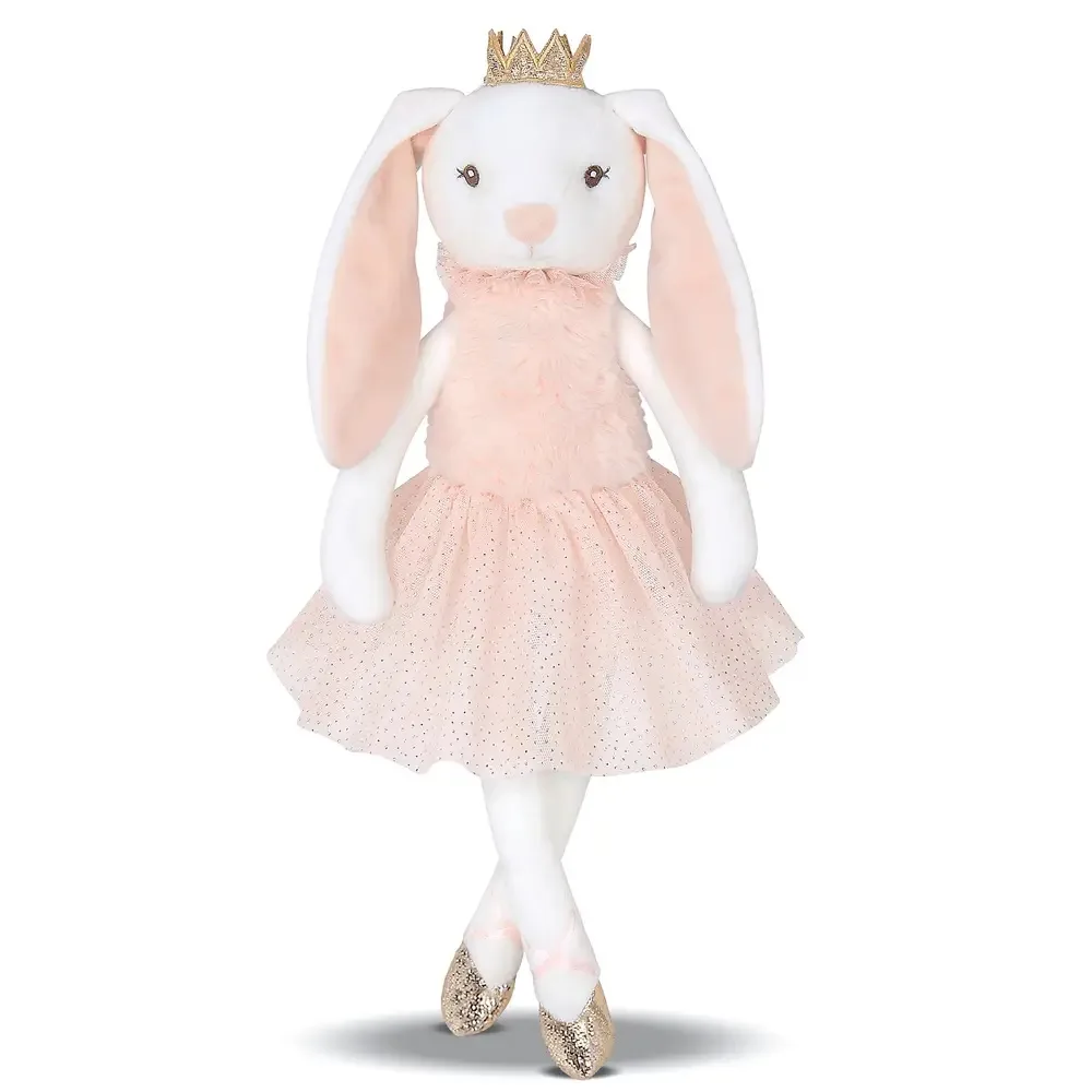 Brise the Ballerina Bunny - BALLERINA BUNNY: An irresistibly cute 16" stuffed animal that's perfect for any aspiring ballerina. This adorable bunny is dressed in a pink tulle tutu skirt, ballet shoes, and a decorative crown, making her the perfect companion for your little one's ballet lessons or performances. With stitched facial features and a plush top, the Ballerina Bunny is both soft and durable, making her a great cuddle buddy too. When it's time to clean her up, she's surface washable for easy maintenance.