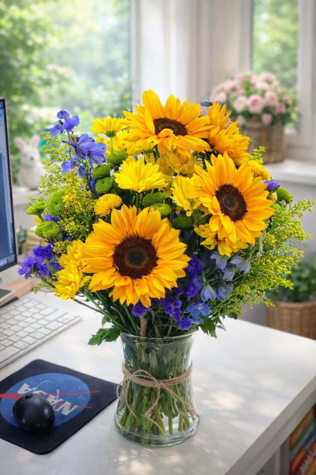 Sunshine Harmony Bouquet - Sunshine Harmony Bouquet opens with bold yellow sunflowers as the joyful focal point, a fresh take on a birthday bouquet, Mother's Day gift, or "just because" surprise that brightens any room. The combination of sunflowers and delphinium makes this arrangement especially fitting for spring and summer occasions-Memorial Day gatherings, anniversaries, or a cheerful get-well message-while still feeling right for everyday thank-you or thinking-of-you moments.  Surrounding the sunflowers are compact yellow and green chrysanthemums, pale alstroemeria accents, and vivid blue delphinium clusters that add height and contrast. The stems are gathered in a clear glass vase tied with a simple twine bow, creating a casual, welcoming look that suits an office desk, kitchen table, or bedside table. The overall palette of yellow, blue, white, and green delivers an energetic, uplifting mood that reads as sincere celebration and gentle encouragement.  Send this arrangement to mark milestones like a new baby, prom congratulations, or to say "I'm sorry" with warmth-the recipient will feel noticed and uplifted. Vase ready and easy to place, the bouquet requires simple care: fresh water and a sunny spot will help keep the blooms bright for several days, making it an effortless way to make someone feel truly seen.
