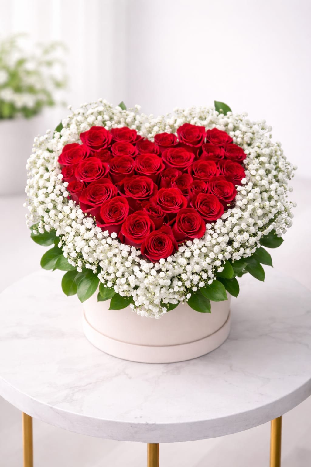 Eternal Love Heart Arrangement - A striking heart of deep red roses forms the immediate focal point of this flower arrangement, perfect as an anniversary bouquet or a romantic Valentine's Day gift. The clear heart shape of densely packed roses reads loud and true-she'll feel adored the moment the box is set down-while the white filler blooms haloing the heart add pure contrast that makes the red glow.  Presented low and wide in a round white hatbox-style container, the design pairs romantic luxury with modern polish. Small white filler flowers surround the red roses and a few green leaves peek at the edges for fresh texture; the compact silhouette sits neatly on a table or nightstand and reads as both elegant and intimate. This arrangement works beautifully for birthdays, Mother's Day, "thinking of you" moments, or a meaningful "I'm sorry" gesture.  Choose this for the person you want to make feel truly seen-whether celebrating love and romance, marking a milestone, or sending flowers just because. The low-profile box keeps blooms secure in transit and makes placement simple; order with confidence for same-week gifting during holidays or whenever a bold, heartfelt statement is needed.