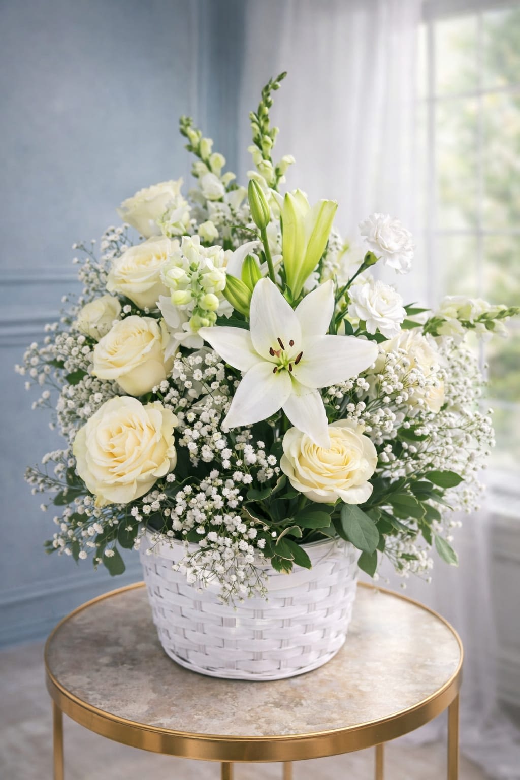 Pure Serenity Basket - Creamy ivory roses and open white lilies form the heart of this Pure Serenity Basket, a tranquil flower arrangement perfect for Mother's Day, sympathy and funeral tributes, or a calming "thinking of you" gift. The soft white-and-green palette with hints of peach reads as quietly elegant, so the person you're honoring will feel cared for and comforted whether the occasion is an anniversary, birthday, or simply "just because."  The arrangement pairs full, rounded clusters of roses and lilies with taller white snapdragon spikes and delicate alstroemeria and baby's breath sprays for gentle height and textural contrast. Flowers are gathered in a white woven basket that reinforces the clean, classic look and sits beautifully on a round gold metal side table-an understated presentation that suits weddings, memorial moments, get-well wishes, new baby celebrations, or a refined thank-you.   Light care: keep the basket in a cool spot away from direct sunlight, refresh the water if stems are in a liner, and trim stems slightly every few days to extend bloom life. Choose this arrangement when you want the recipient to feel quietly seen and soothed-an elegant, timeless choice for Christmas, Labor Day, Women's Day, Valentine's Day, or any moment that calls for gentle, heartfelt flowers.