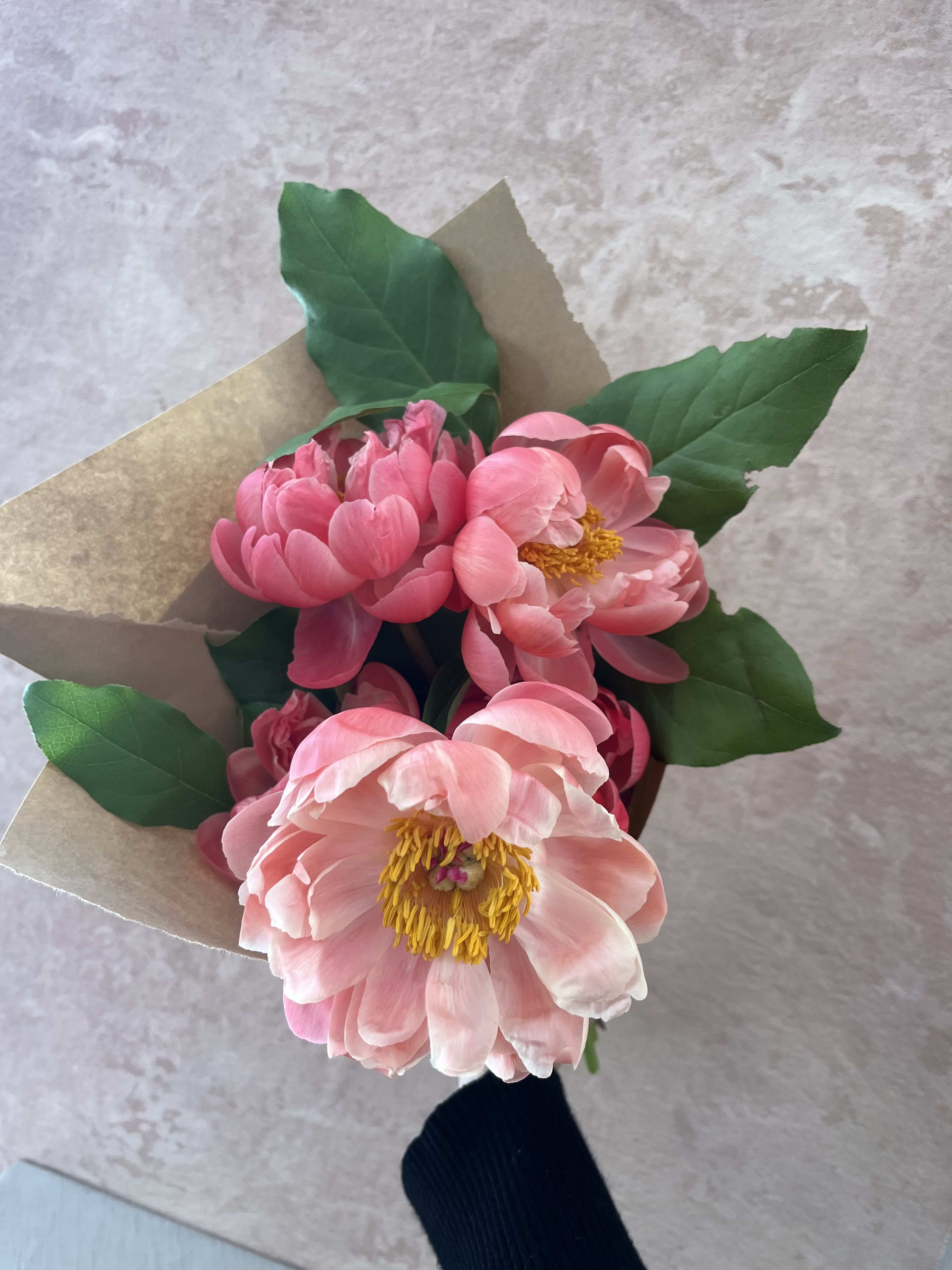 Small bouquet of pink peonies with yellow centers wrapped in kraft paper, held against a light background