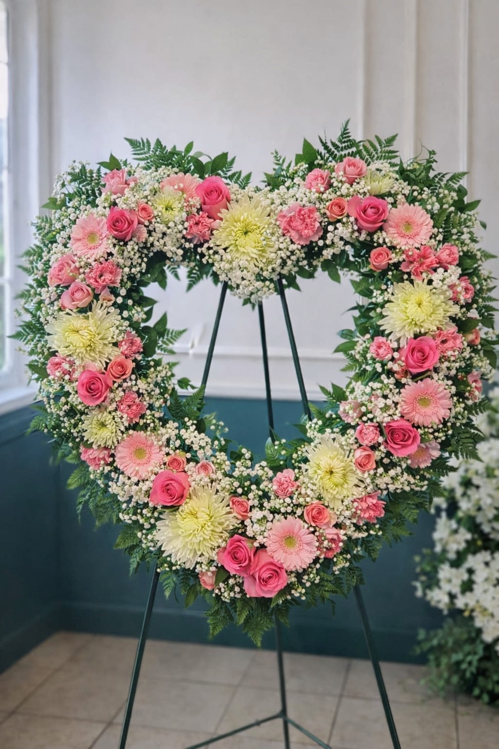 Gentle Remembrance Heart - A tender heart-shaped wreath that speaks for you when words fall short: this sympathy flower arrangement is crafted for funerals, memorials, or a quiet "thinking of you" moment. The heart design and soft pink-and-white palette say "I'm sorry" and "you are remembered" with a gentle, hopeful presence the recipient will feel as comfort.  Clusters of pink roses, gerbera daisies and carnations form the continuous ring, punctuated by pale yellow chrysanthemums and airy white filler flowers that keep the center open and light. Mounted on a sturdy metal easel, the arrangement uses a heart-shaped wreath frame to hold its graceful silhouette-large enough to make an elegant statement at a service without overwhelming the space.  Perfect for sending to a funeral home, memorial service, or to the home of someone grieving, this wreath is meant to offer solace and quiet beauty. The materials are arranged to maintain shape during display; place on the easel for best presentation and keep in a cool, sheltered spot until the service.