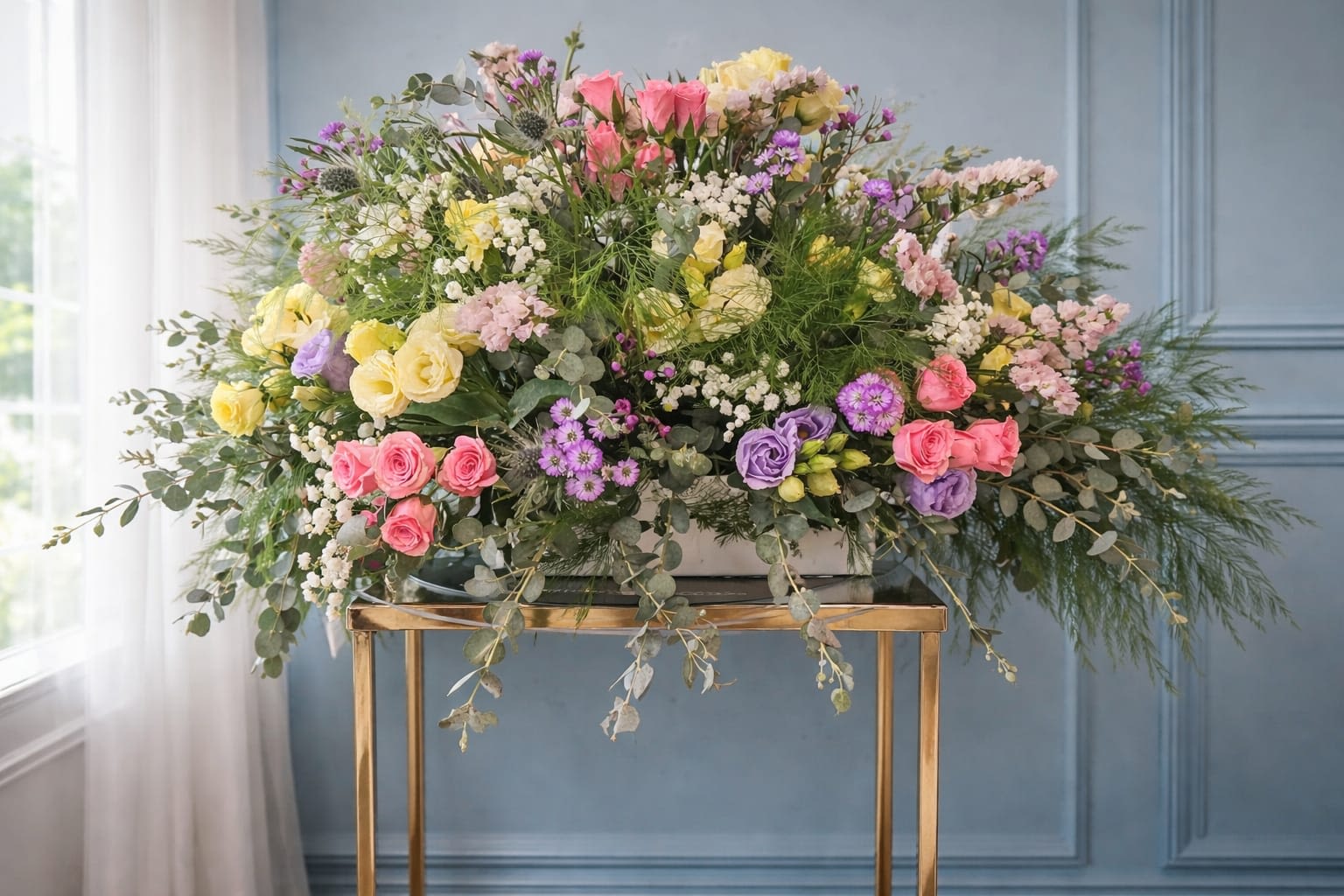 Pastel Harmony Altar Arrangement - A soft, garden-fresh centerpiece designed for wedding ceremonies and receptions, this altar arrangement brings pastoral romance to your celebration. The wide, low flowers-for-weddings display sits in a white rectangular ceramic container elevated on a gold metal stand, making it perfect for an altar, sweetheart table, or head table where the person you're honoring should feel gently celebrated.  Clusters of pink roses and lavender lisianthus mingle with soft yellow blooms and small purple aster-like flowers, while delicate white filler and feathery greenery add airy texture. Cascading eucalyptus and trailing foliage drape naturally over the container's edges to create a relaxed, garden-inspired silhouette that reads beautifully in photos and in person.  Made to complement vows, anniversaries, or elegant receptions, this arrangement sets a romantic, celebratory tone without blocking sightlines between guests. The low profile and generous spread work well on long tables or a ceremony platform; minimal care on the day-fresh water in the container and a cool spot away from direct sun-keeps the flowers looking their best through the event.