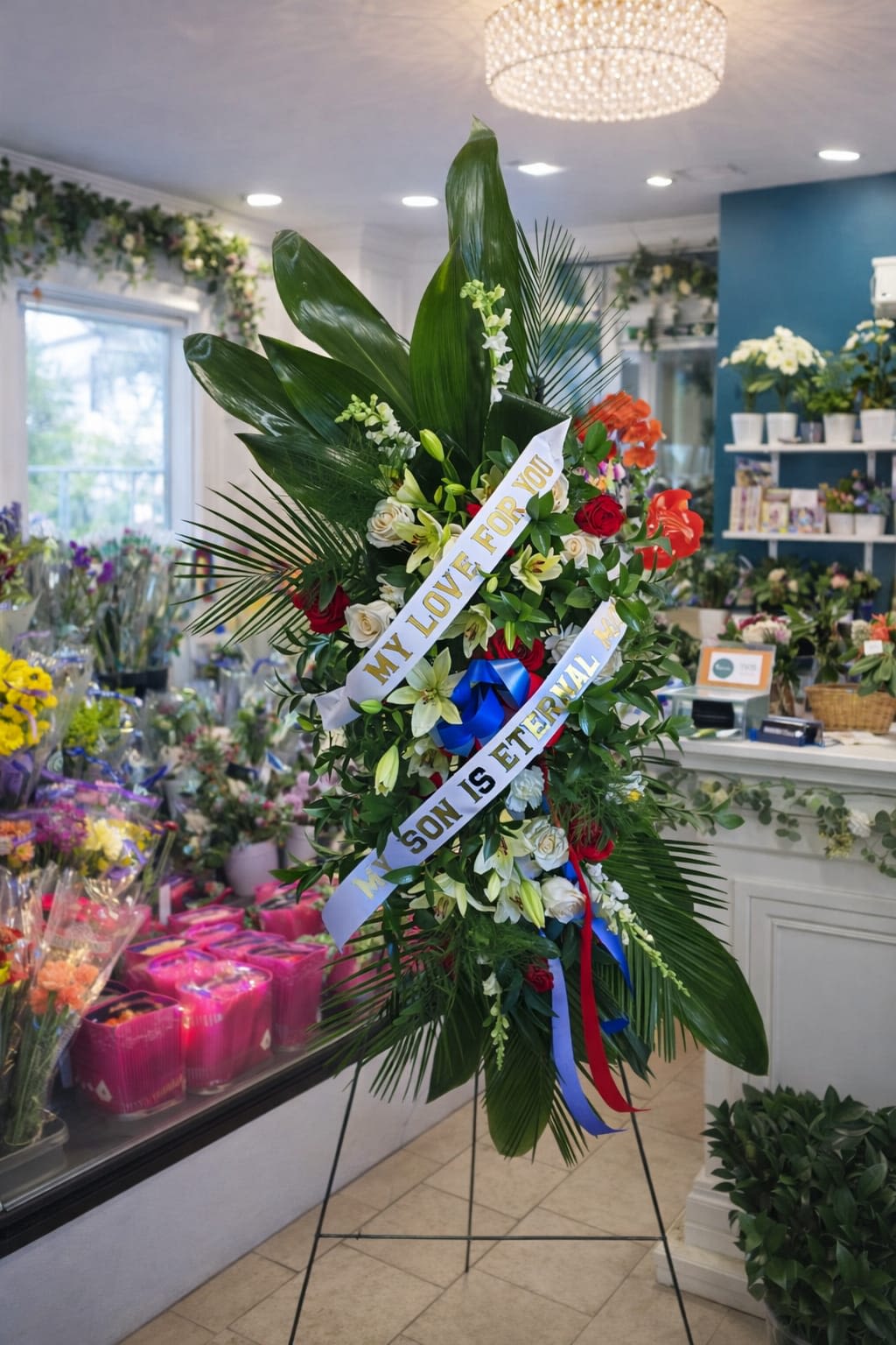 Patriotic Tribute Spray - Glossy green foliage frames a tall sympathy spray that reads as both reverent and proudly ceremonial-perfect for a funeral or Memorial Day tribute. This standing arrangement on a metal easel uses clusters of white lilies and cream roses punctuated by bright red roses to create a clear, respectful contrast; printed memorial ribbons in white and blue cross the face of the spray while a blue bow and trailing red-and-blue streamers add vertical movement and a formal finish.  Designed for view at services or graveside, the composition sits upright on a sturdy easel and is built around large deep-green leaves that give the spray its sculpted silhouette. The palette of red, white, blue and green highlights the lilies' open, fragrant blooms and the roses' layered texture; printed memorial text on the ribbons makes it appropriate for honoring a loved one. Ideal for sympathy and funeral settings, this arrangement conveys solemn respect and will be delivered ready to display.