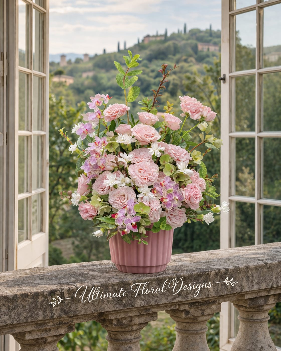 Timeless Romance - A romantic, garden-inspired floral arrangement featuring delicate blush roses, orchids, and seasonal blooms designed in a soft European style. Perfect for refined interiors and elegant gifting.  Same-day flower delivery available in Great Falls, McLean, Vienna, Reston, Arlington, and Washington, DC.