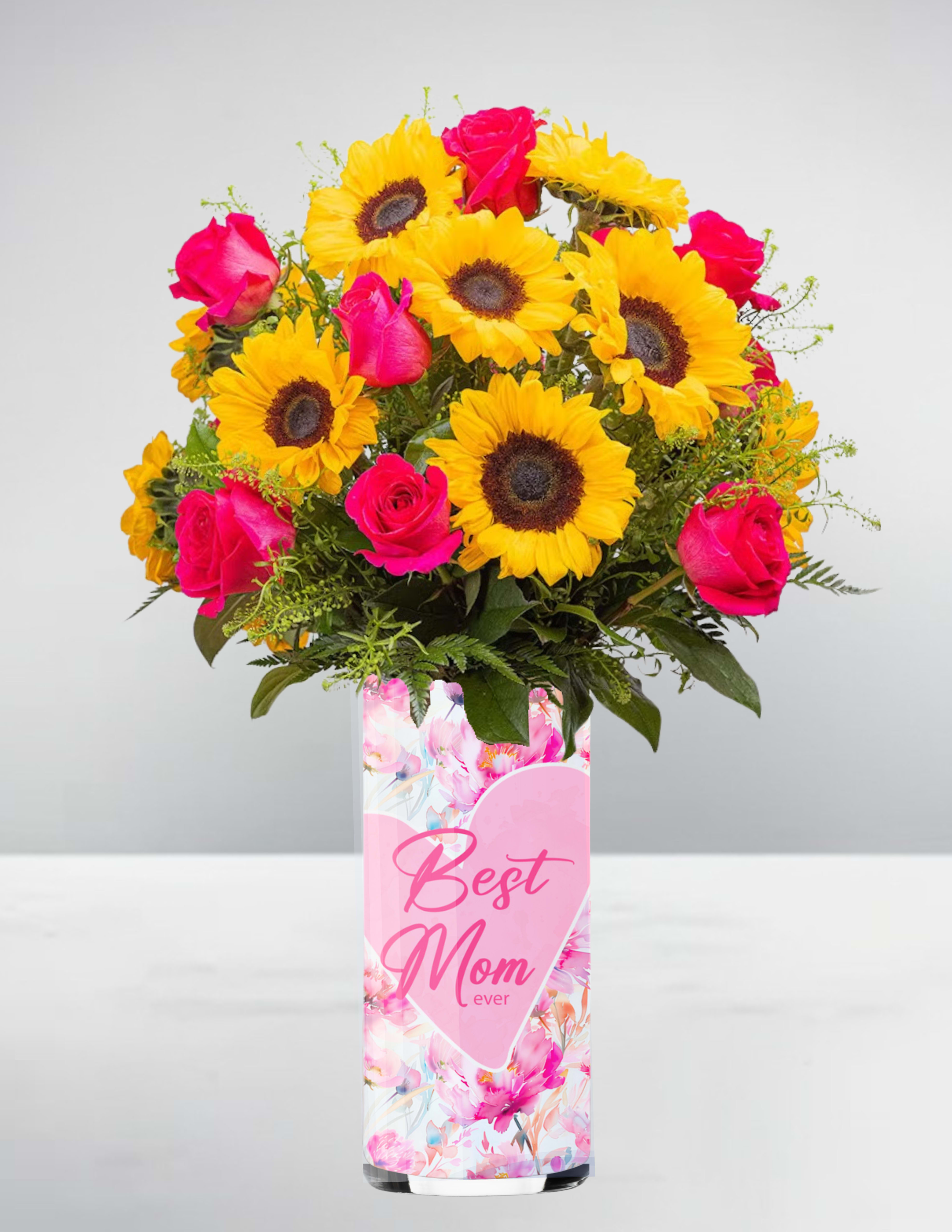 Tall vase of yellow sunflowers and bright pink roses with a Best Mom ever message