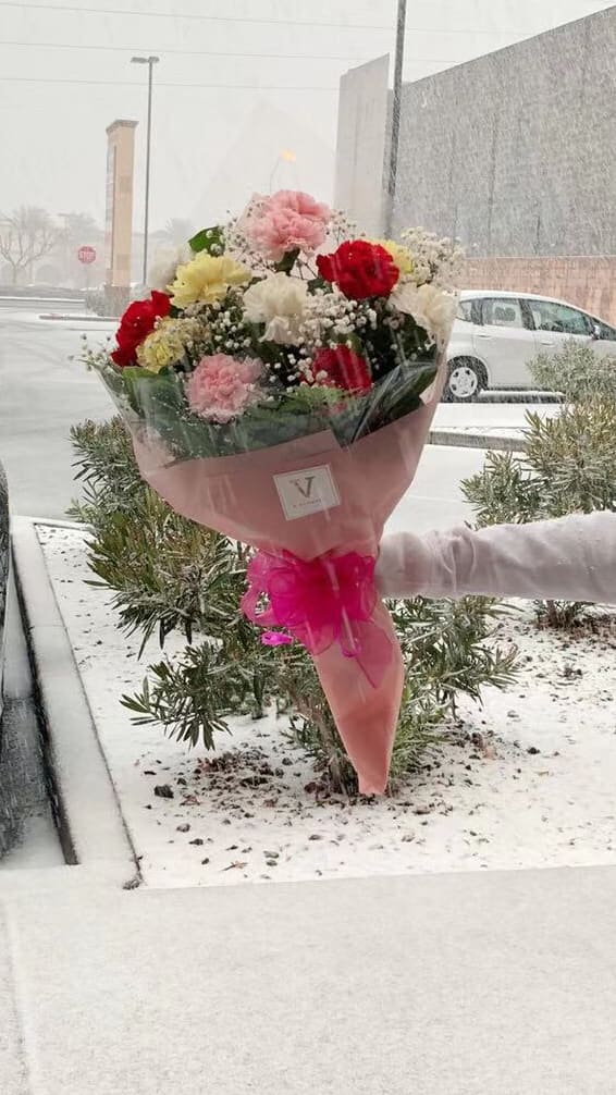 Handheld bouquet of red, pink, and white carnations wrapped in pink paper with a bow