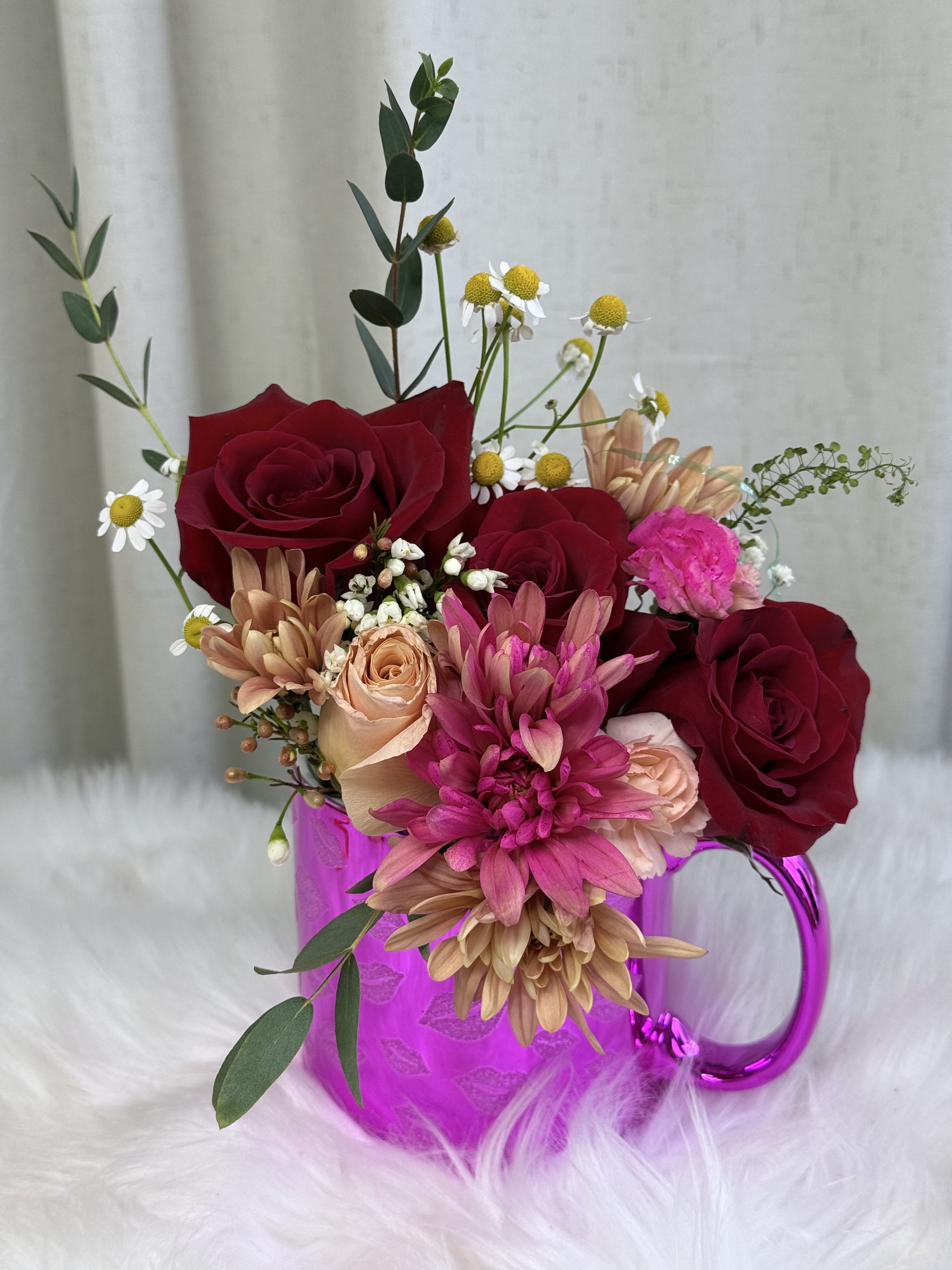 Cup of Kisses - A design with the most beautiful fresh and bright seasonal flowers.