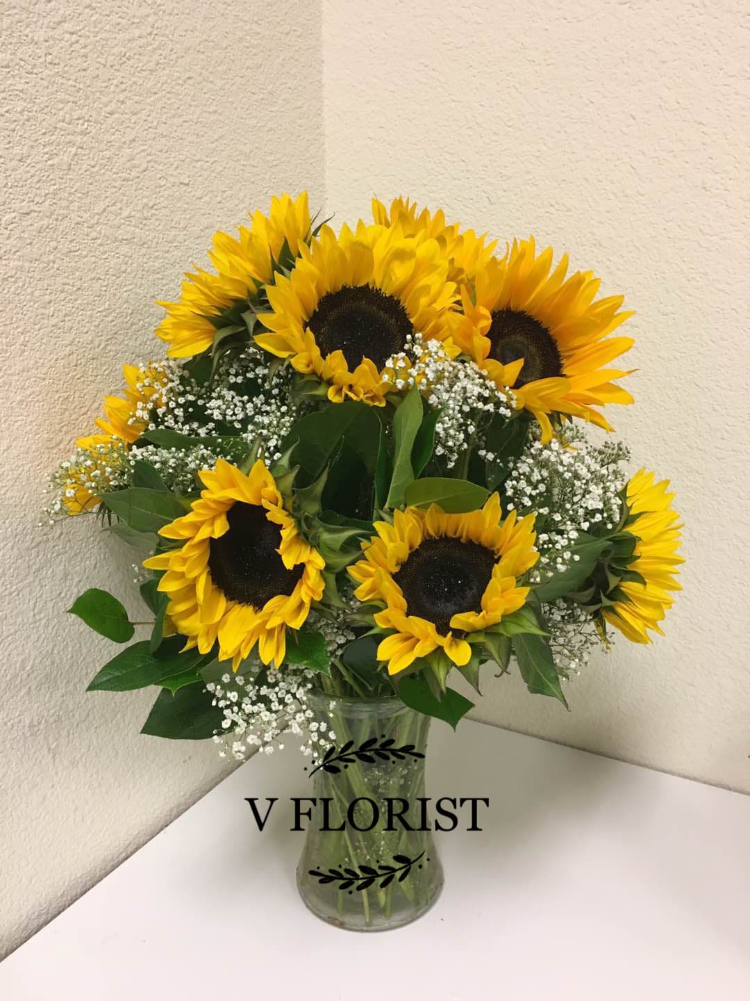 Clear vase arrangement of yellow sunflowers with white filler flowers