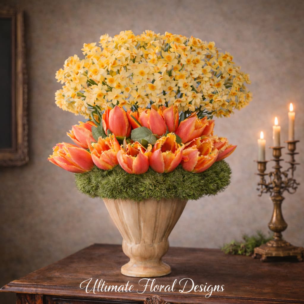 Whispered Spring - A graceful expression of spring’s quiet beauty, Whispered Spring features soft peach tulips encircled by delicate daffodils, arranged in a classic pedestal vase with a refined, European-inspired touch.  Elegant, airy, and timeless, this design brings warmth and sophistication to any home or occasion.  Available for same-day flower delivery in Great Falls, McLean, Vienna, Reston, Arlington, and Washington, DC.