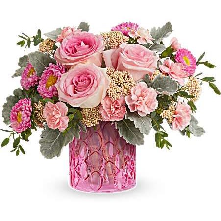 Teleflora's Pink Haze Bouquet - Delight her with Teleflora's Pink Haze Bouquet, a lush blend of soft pink blooms beautifully arranged in Teleflora's Pink Rhapsody Vase. This elegant Mother's Day gift brings color, charm, and lasting beauty to her home.