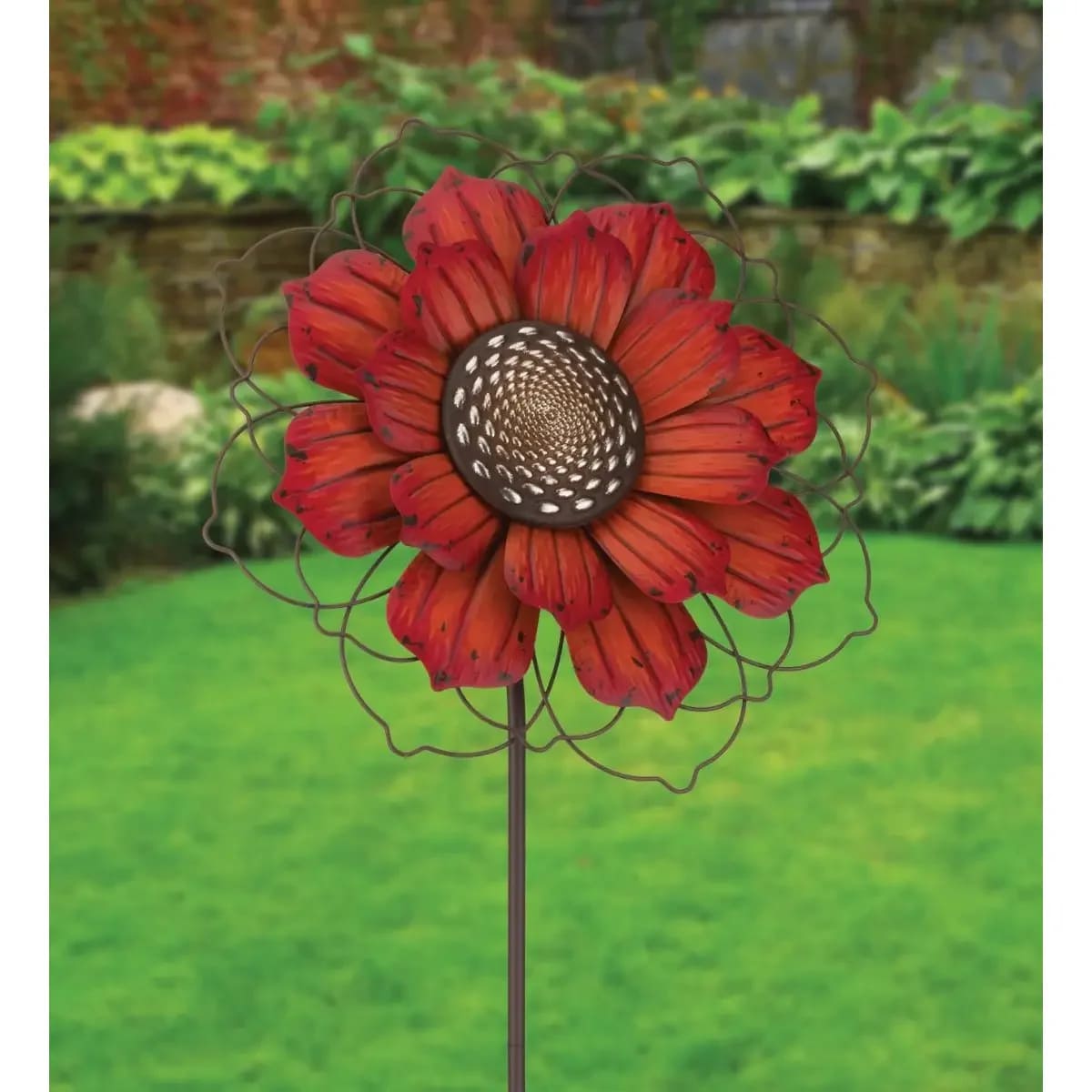 Giant red rustic flower stake - Standing over 5 feet tall these vintage and timeless Giant Flower Stakes will be sure to make a statement all year long. The weathered metal style flowers can be removed from their stakes to be used as eye catching wall decor.