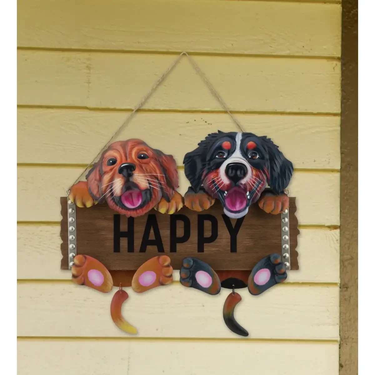 Happy dog sign - Dimensional metal heads, arms, feet and tails adorn these cute farm critters that sit atop a wooden sign welcoming guests to your home.