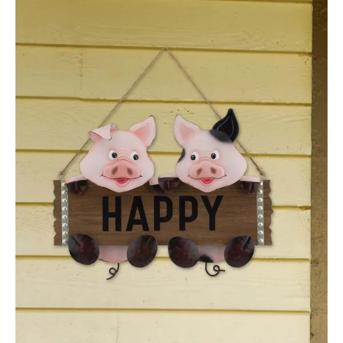 Happy pig sign - Dimensional metal heads, arms, feet and tails adorn these cute farm critters that sit atop a wooden sign welcoming guests to your home.