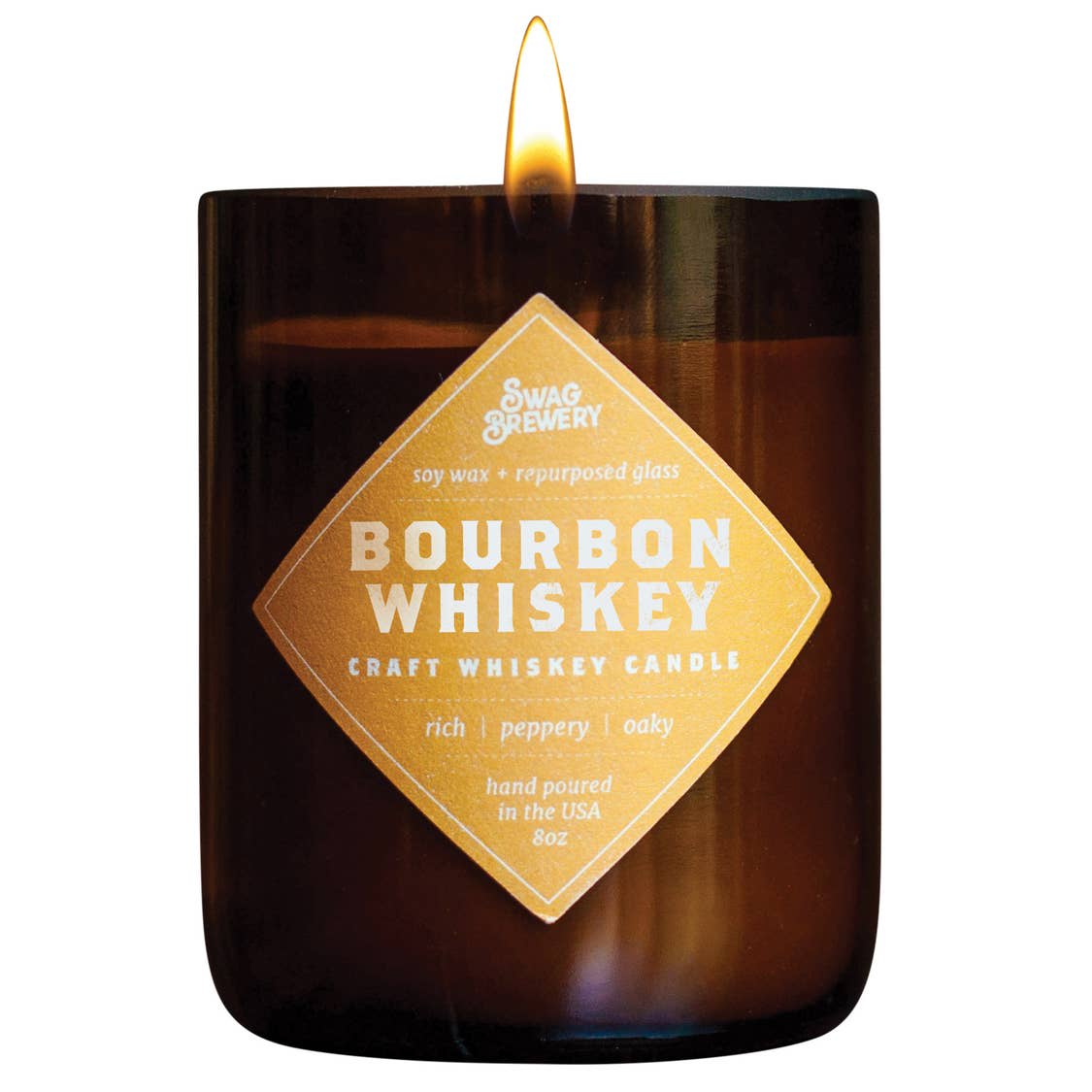 Brown glass candle with lit flame and a gold label reading Bourbon Whiskey Craft Whiskey Candle
