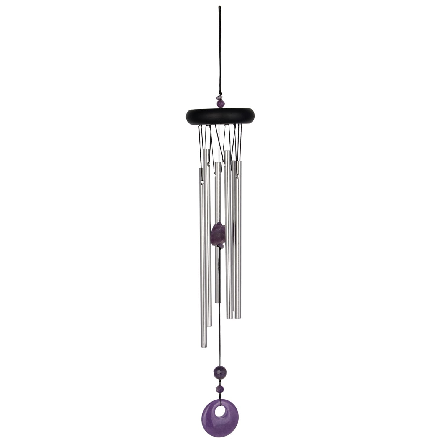 Silver wind chime with purple stone accents hanging from a black cord