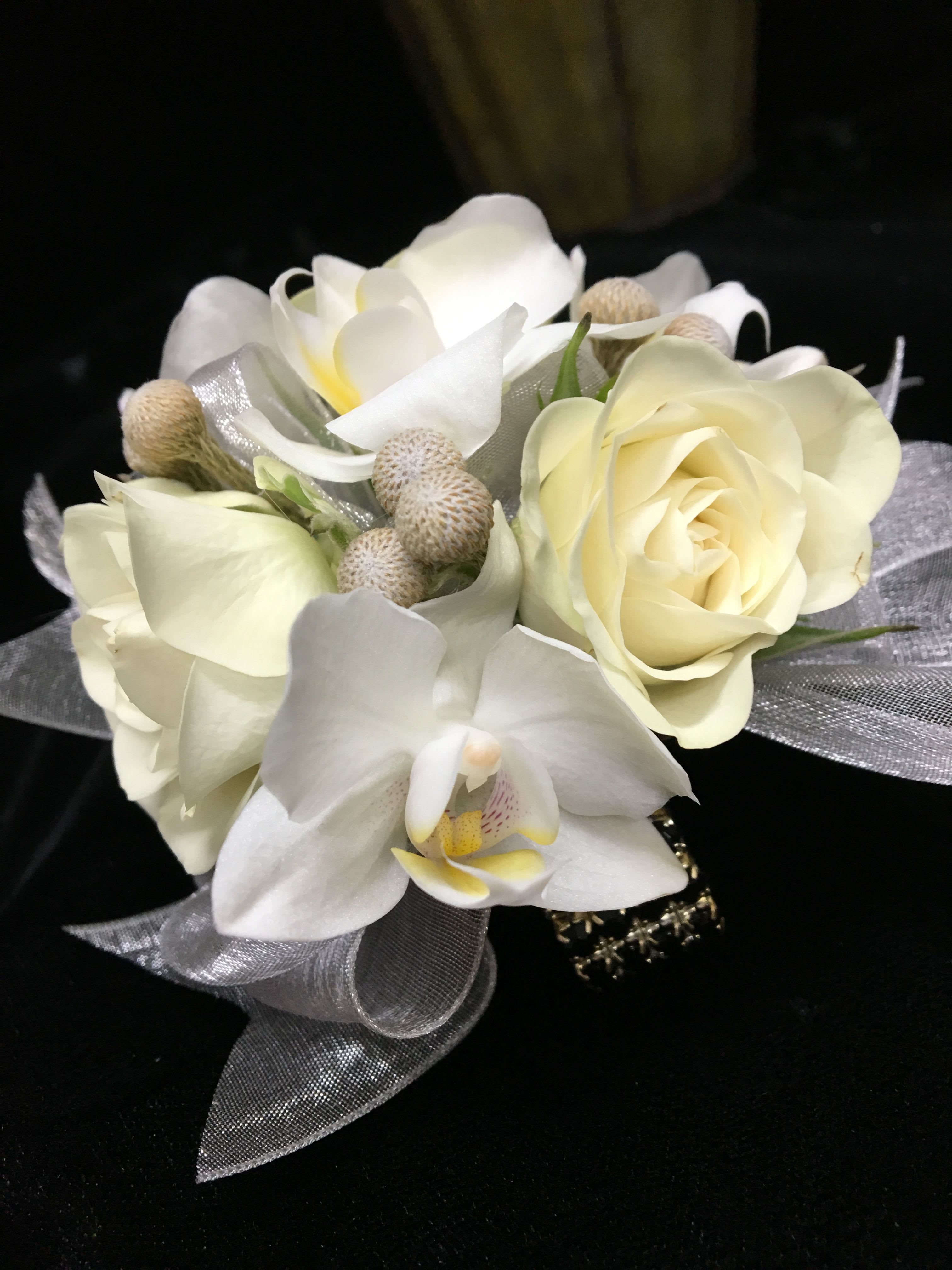 Gold Corsage - Elegant mini orchids and sweet roses 