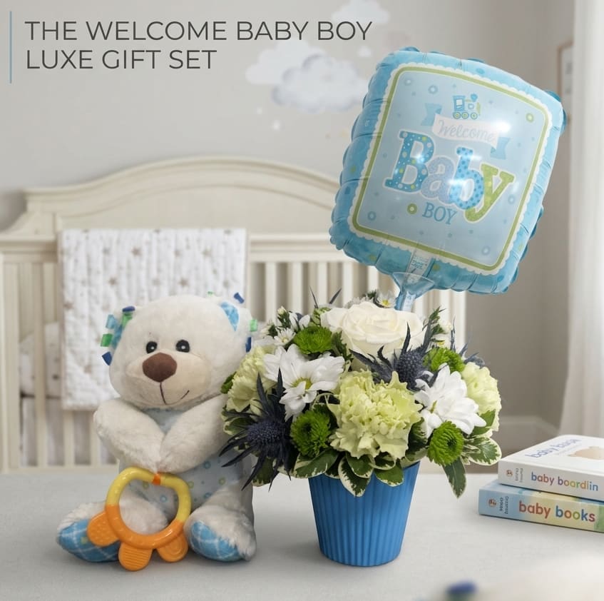 Welcome Baby Boy Luxe Gift Set - Welcome that new baby boy with love and color. Flower arrangement, balloon and stuffed bear included