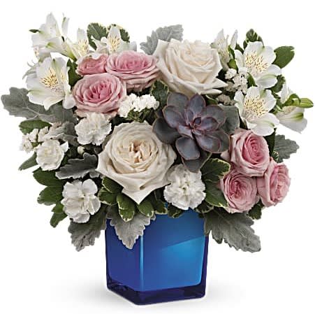 Enchanting Blue Bouquet - Add enchantment to their everyday with creamy roses and moody greens, artfully presented in a comely cobalt glass cube that doubles as a candleholder!