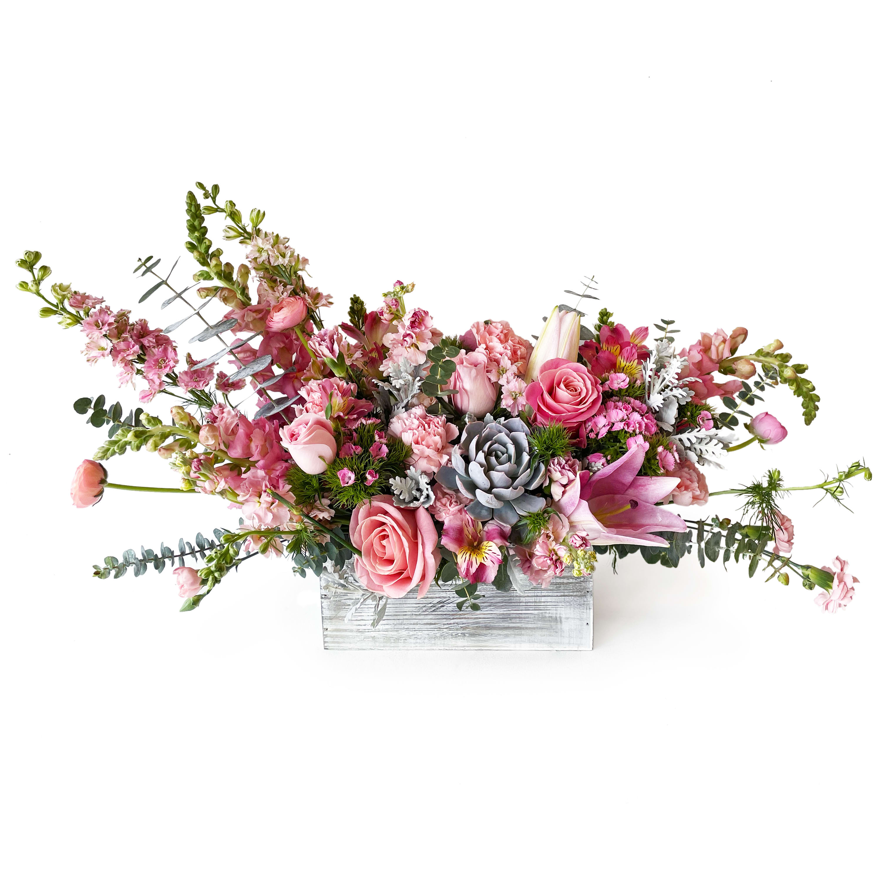 Box of Perfection - A wildly sophisticated array of pale pinks and modern greens. It's perfectly presented in a simple rectangular box.