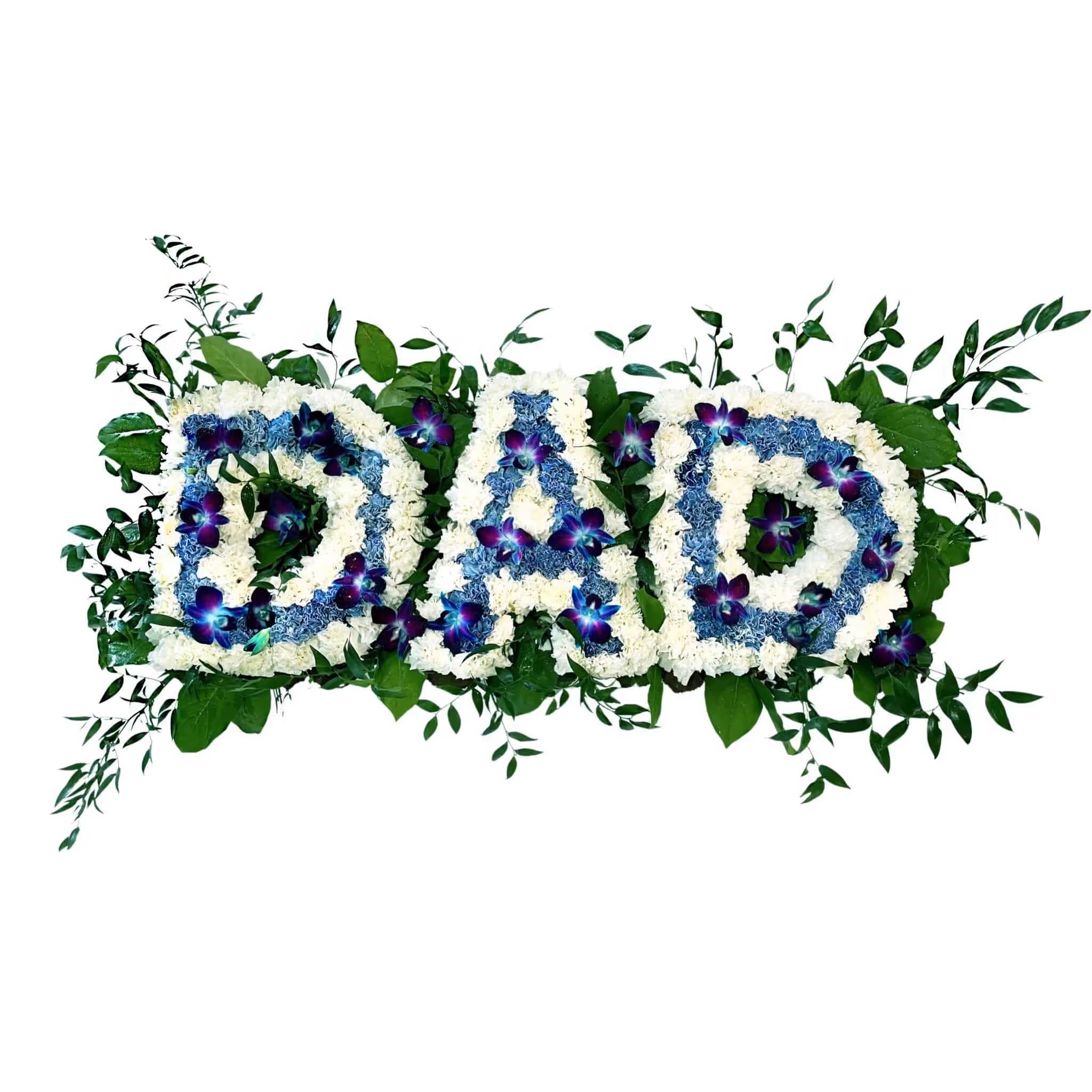 Custom Dad Standing Spray - Large, dignified block letters spell out DAD in tightly clustered white chrysanthemums-an immediate, heartfelt tribute that brings presence and comfort at a funeral, memorial service, or when words fall short. This standing spray reads as a calm, consoling message: the framed green backdrop and touches of blue and purple orchid heads give the piece a gentle, respectful air so the person you're honoring feels remembered and cherished.  Designed to convey sympathy and support, this arrangement suits moments when you need to say "I'm sorry," "we're thinking of you," or to mark a final goodbye with grace. It arrives ready to stand prominently at a service; please specify delivery details and any personalization requests when ordering so the tribute reflects your wishes and the life you're honoring.