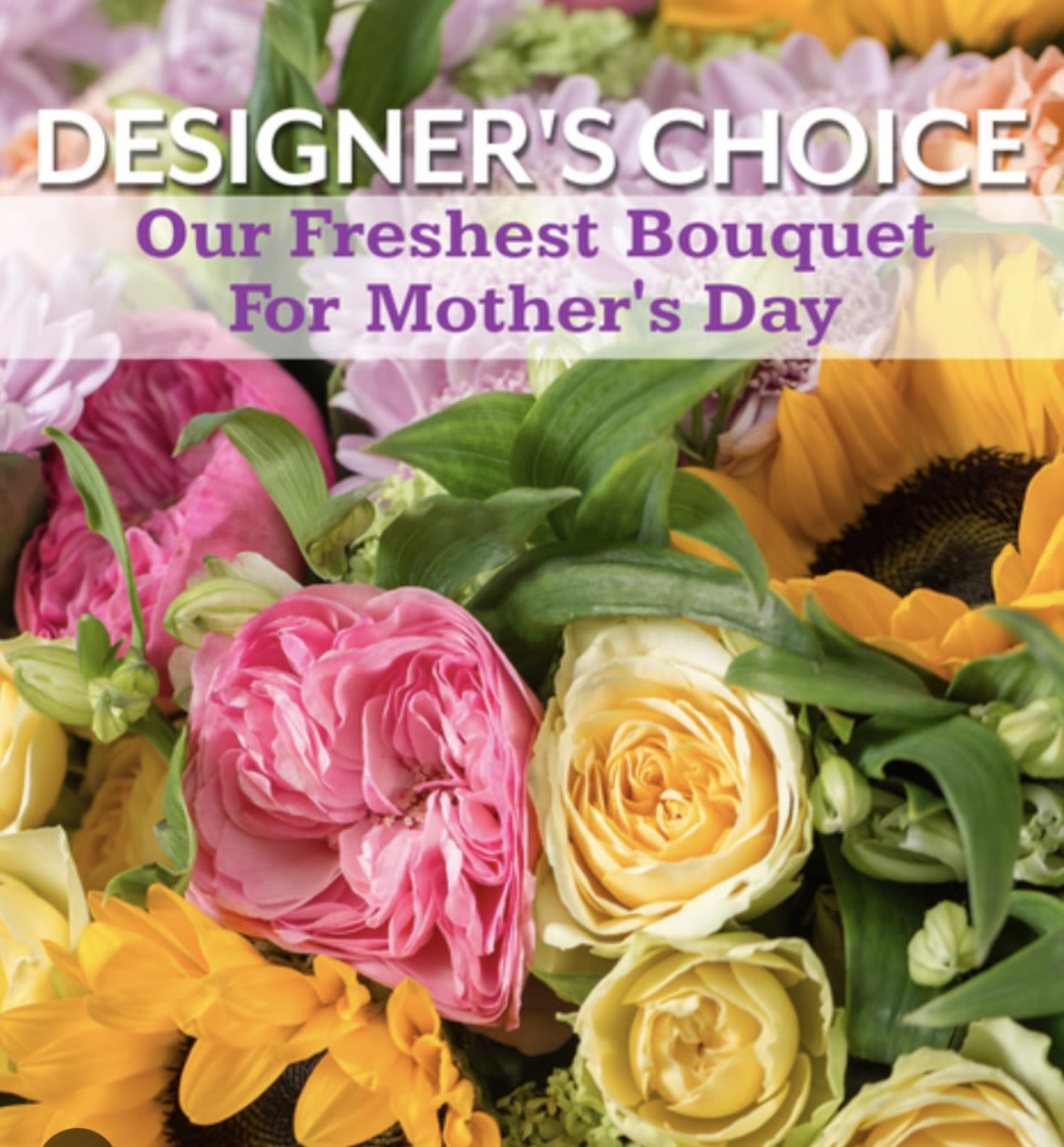 Close-up of a mixed bouquet with yellow roses, pink blooms, and bright sunflowers for Mother's Day