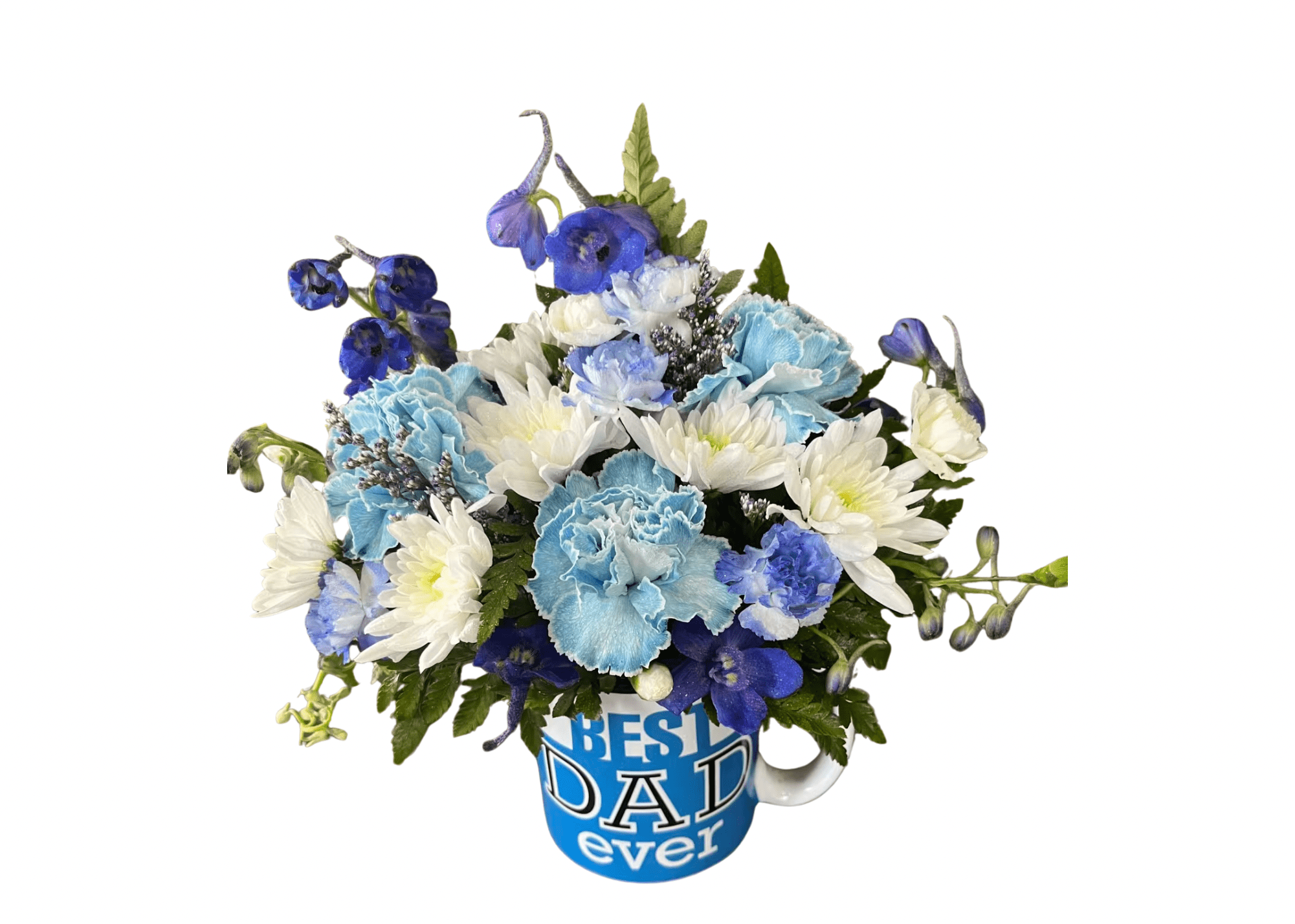 Blue and white flower arrangement in a blue “Best Dad ever” mug