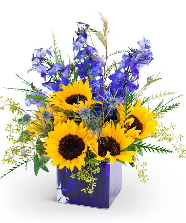 Blue Skies &amp; Sunflowers - A striking mix of bright sunflowers, vibrant blue delphinium, thistle, and airy greenery arranged in a rich cobalt blue glass cube. Blue Skies &amp; Sunflowers combines sunny warmth with cool, dramatic tones for a fresh and eye-catching design that’s perfect for birthdays, celebrations, thank you gifts, or simply brightening someone’s day.  Please note: Flower varieties, accent blooms, and container style may vary based on availability. Substitutions may be made with flowers and keepsake containers of equal or greater value while maintaining the overall style and color palette of the arrangement.