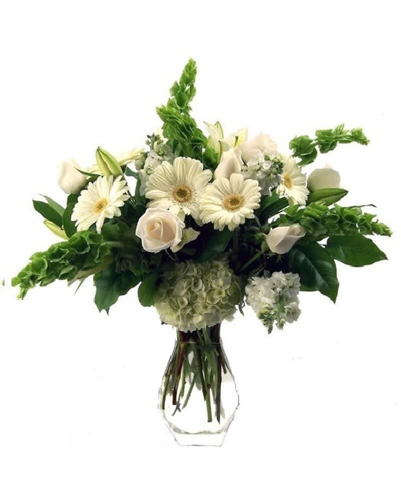 White gerbera daisies, roses, and hydrangea arranged in a clear glass vase