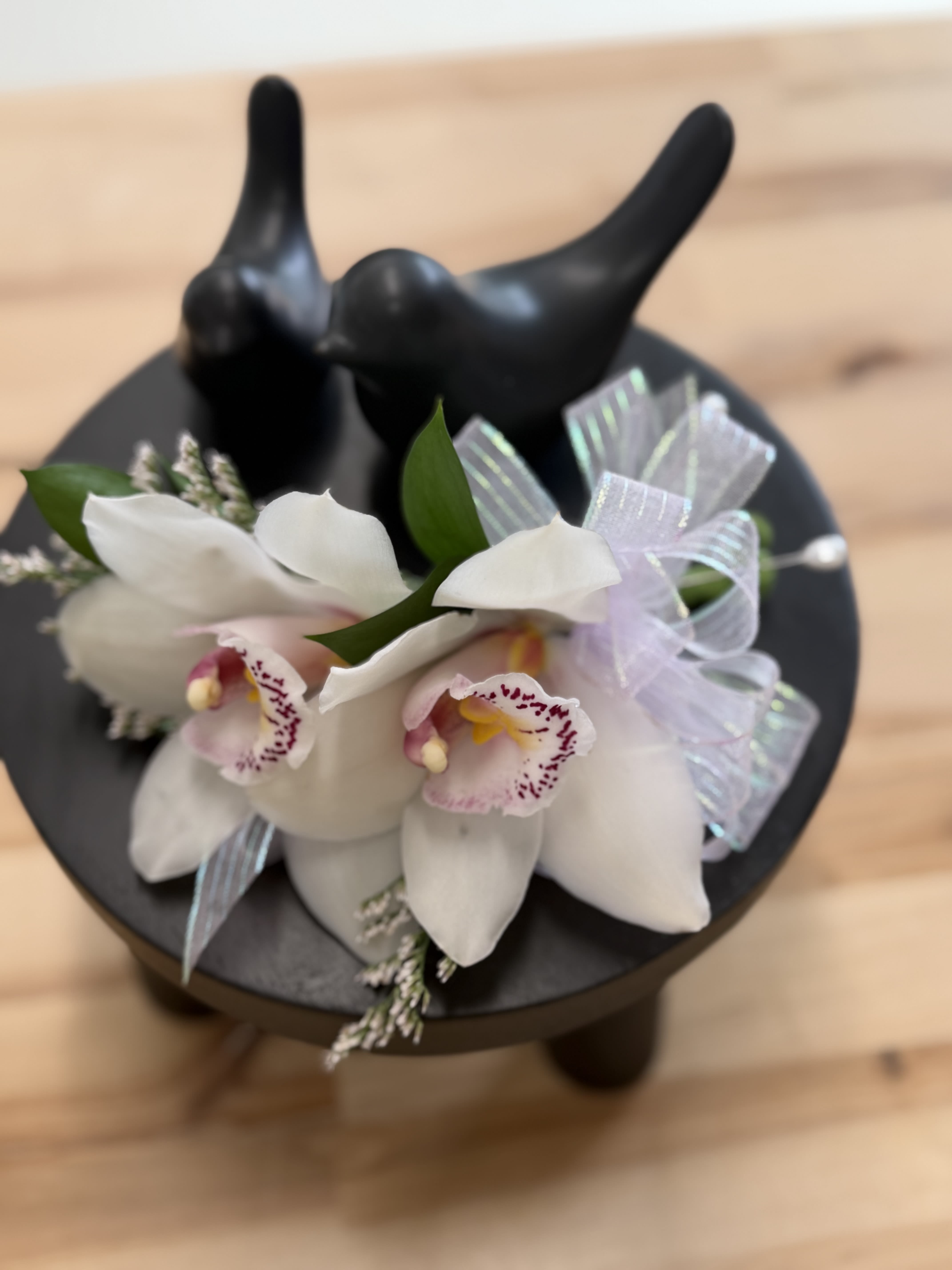 Double Cymbidium Orchid Corsage - A beautiful cymbidium Orchid with accenting ribbon - pin or wristlet available