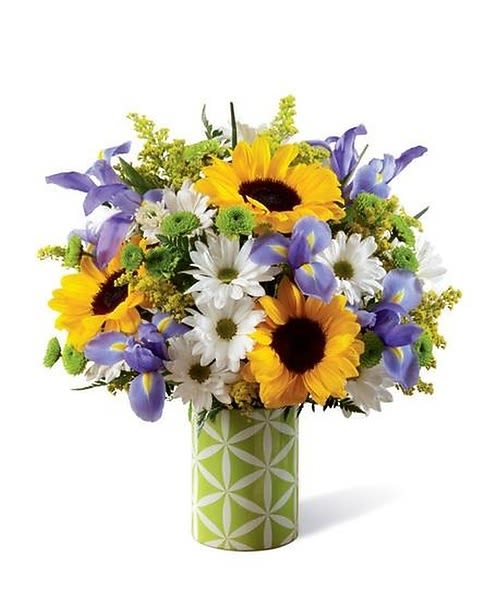 Sunflower Sweetness - Mimicking the light beckoning from spring skies, this stunning flower bouquet is ready to create a special moment for your recipient this season! Yellow sunflowers are bold and beautiful surrounded by blue iris, yellow solidago, white daisies, green button poms and lush greens arranged beautifully within a green ceramic cylinder shaped vase with a chic mod hexagon pattern in white throughout. 