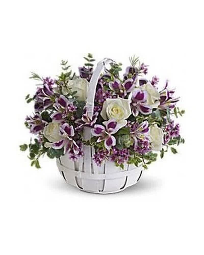 Purple and white flower basket with white roses and orchids