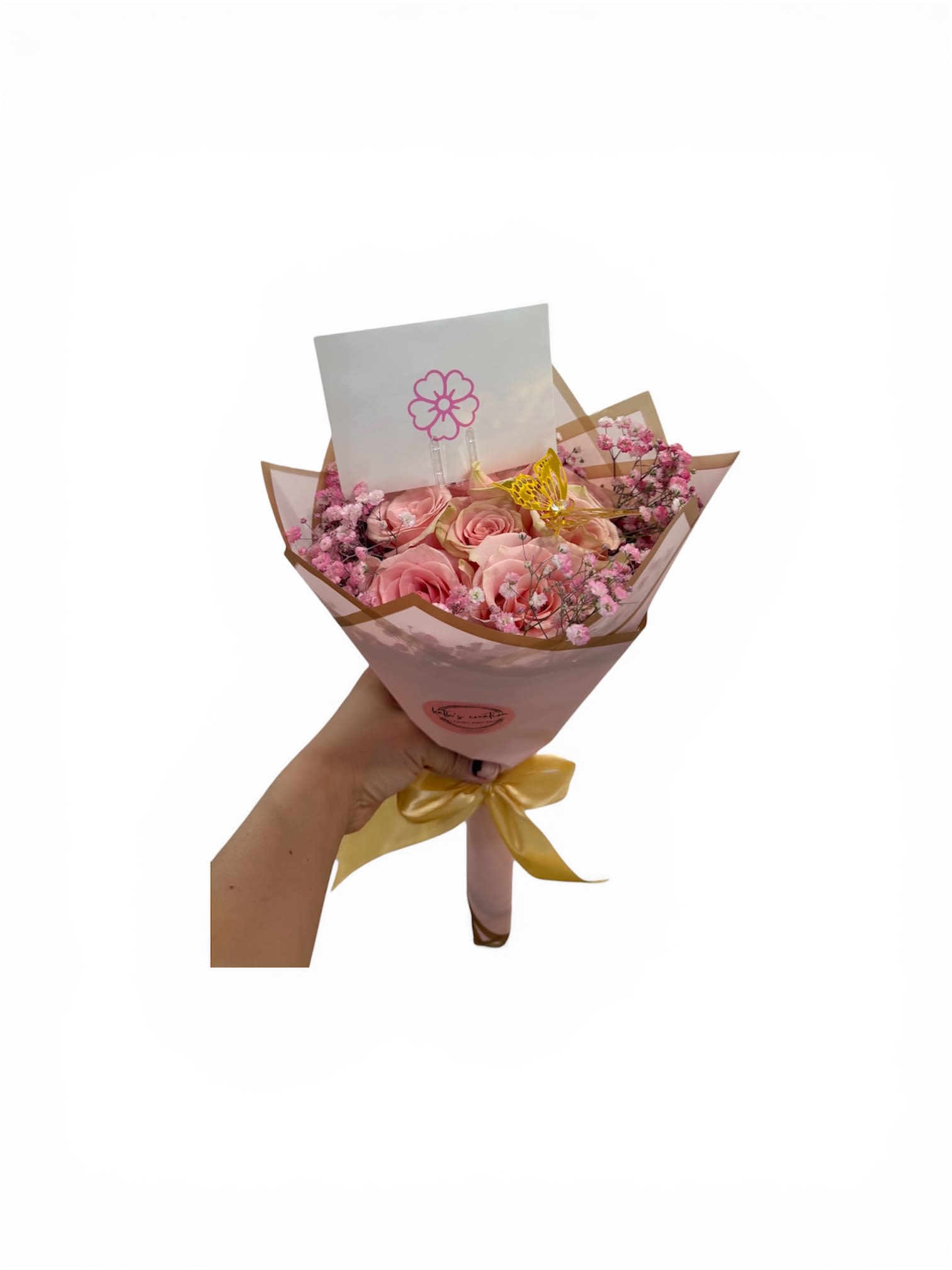 Pink me - 6 Pink roses, pink baby breath and a beautiful golden butterfly…