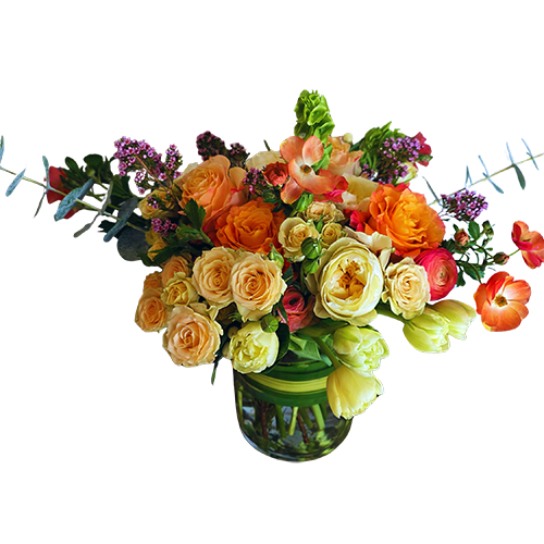 Super Spring arrangement with Ranunculus   - A sunlit mix of ranunculus, roses, and tulips makes this spring arrangement a joyful choice for a birthday bouquet or a bright "thinking of you" gift. The Super Spring arrangement with Ranunculus puts yellow, orange, pink, and coral blooms front and center so the recipient will feel celebrated the moment the vase arrives - lively, warm, and unmistakably springtime.  Dense clusters of yellow, peach, and orange roses are balanced by bright ranunculus, coral and pink tulips, and smaller accent blooms for texture. Taller green Bells of Ireland and arching filler stems give the design a gently elongated, garden-like silhouette, all arranged in a clear glass cylinder vase with a green decorative wrap inside that ties the whole palette together.  Perfect for cheering someone up, marking a casual celebration, or sending seasonal thanks, this arrangement arrives ready to display. Standard care-fresh water and a cool spot away from direct heat-will keep the blooms lively; order with same-day delivery options when you need an immediate, uplifting surprise.