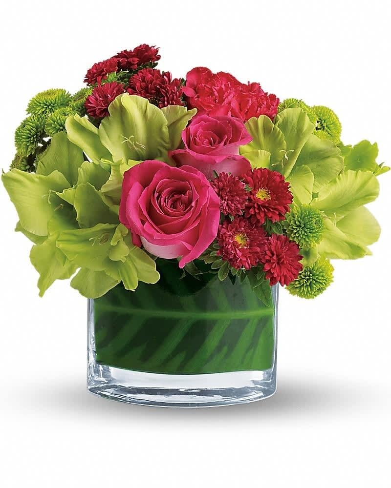 Low round arrangement of hot pink roses, green orchids, and red mums in a clear glass vase