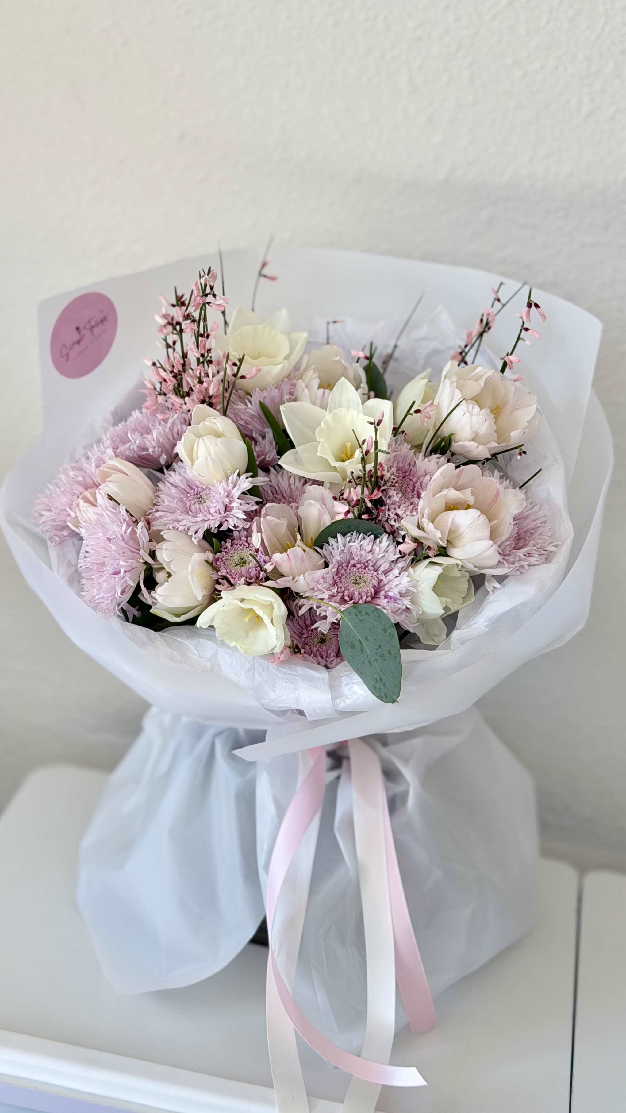 Spring Melody - Pale pink chrysanthemums and creamy white tulips combine in a soft, romantic hand-tied bouquet perfect for birthday bouquets, new baby celebrations, or a thoughtful "thinking of you" gift. The mix of pink, white, and lavender tones reads light and feminine-she'll feel gently celebrated the moment this bouquet arrives, whether you're marking a milestone or simply saying "I care."  This Spring Melody arrangement pairs rounded masses of pale pink chrysanthemums with upright creamy white tulips, accented by small pink flowering stems that add height and delicate texture above the main blooms. The bouquet is layered in white paper and a translucent sleeve, finished with trailing pink and white ribbons and a round label sticker for a polished presentation. Wrapped for easy display, it arrives ready to place in a vase so the recipient can enjoy the soft pastel colors and fresh, seasonal charm.  Ideal for recipients who prefer understated elegance-mothers, new parents, close friends, or someone recovering from illness-this arrangement conveys warmth without fuss. For best enjoyment, trim stems and change the water every two days; available in one standard hand-tied size as pictured and ready for same-day delivery where offered.