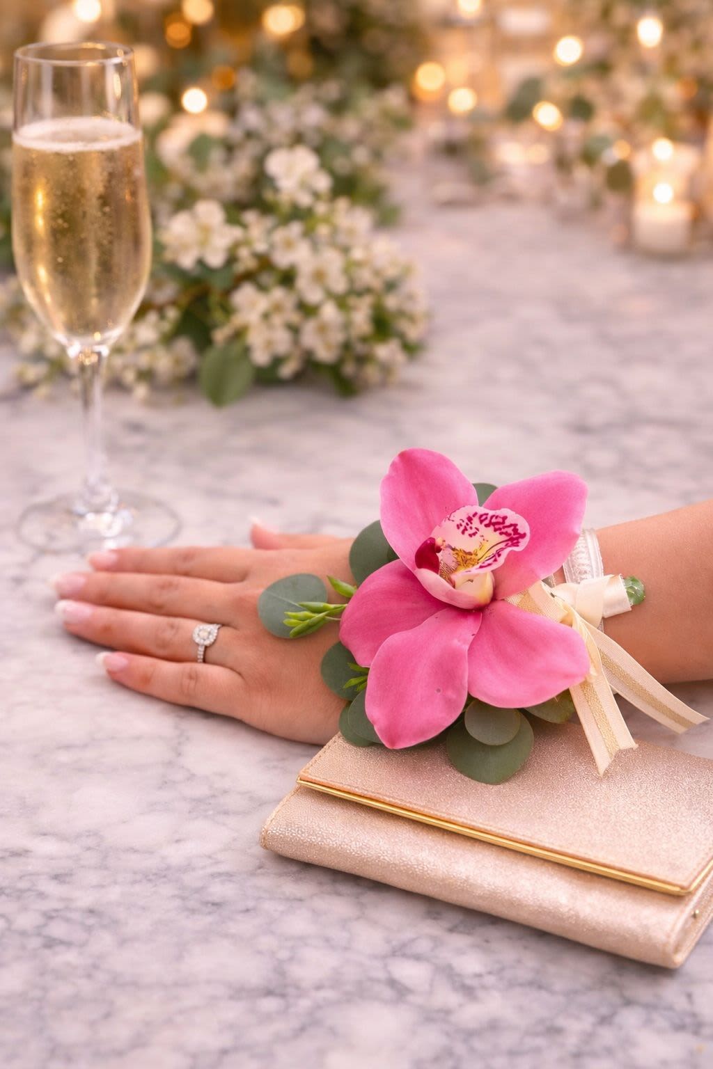 Orchid Wrist Corsage by The House of Flowers - Orchid Wrist Corsage – $65  Elegant wrist corsage designed with a fresh orchid bloom, delicate greenery, and a comfortable elastic band. Perfect for prom, weddings, quinceañeras, and special occasions.  Available colors: white, red, green, and yellow. Custom colors may be available upon request with advance notice. Elegantly packaged in a beautiful presentation box. 