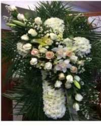 Heavenly Grace Floral Cross - An elegant extra-large standing cross designed to symbolize faith, peace, and everlasting remembrance. This beautiful tribute features a base of white cushion mums, creating a full and graceful cross shape. It is accented with palm leaves and highlighted by a cross break of peach and white roses, white lilies, and delicate white asters, adding softness and beauty to the design.  Thoughtfully arranged with fresh greenery, this meaningful display offers a heartfelt expression of sympathy and faith, making it a dignified way to honor and remember a cherished life.
