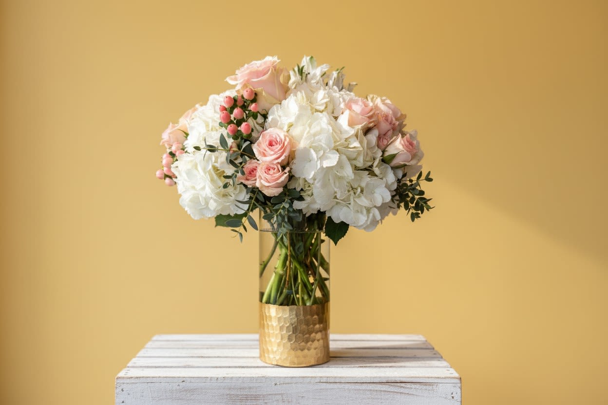 Pink Champagne -  This blush beauty brings elegant excitement to any room with its selection of roses, hydrangea, spray roses, and more.  Designed in 8 inch gold dipped clear glass cylinder vase. 
